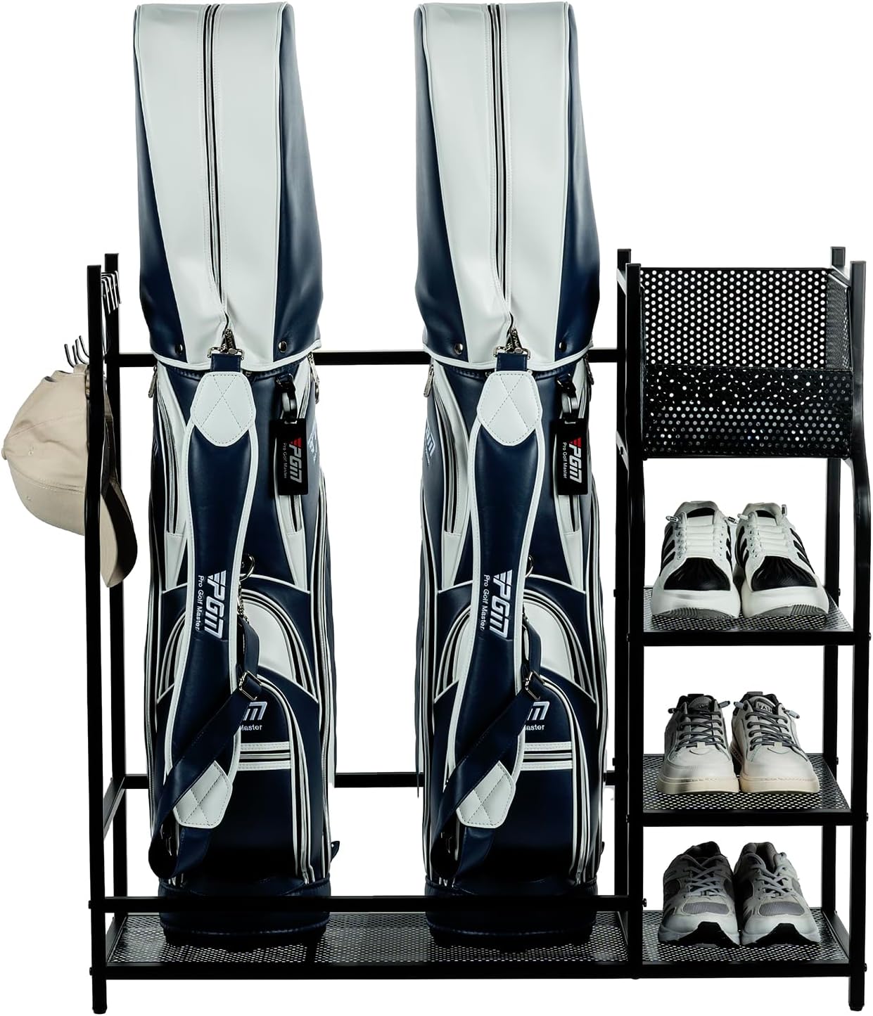 MyGift Golf Bag Stand for Garage, Black Metal Extra Large Golf Garage Storage Organizer with 4 Shelf Ball Holder, Shoe Organizer, and 5 Hook Hanger, Golf Accessories Gift for Men