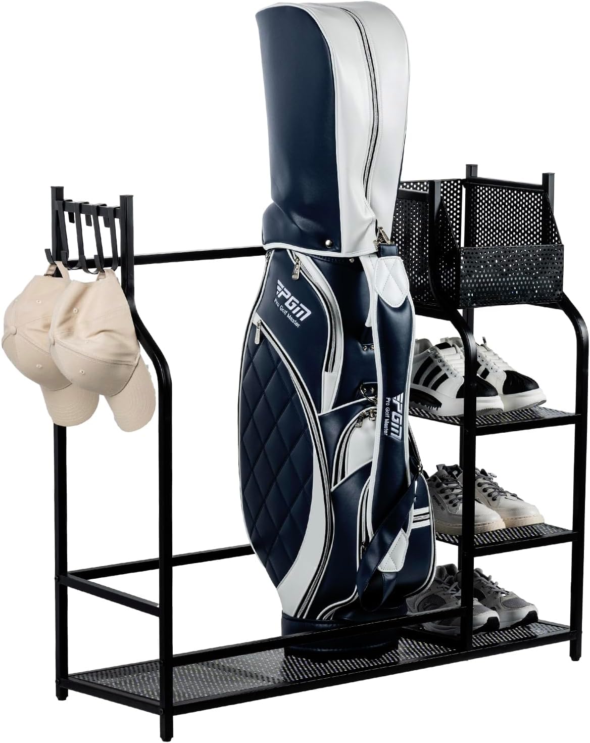 MyGift Golf Bag Stand for Garage, Black Metal Extra Large Golf Garage Storage Organizer with 4 Shelf Ball Holder, Shoe Organizer, and 5 Hook Hanger, Golf Accessories Gift for Men