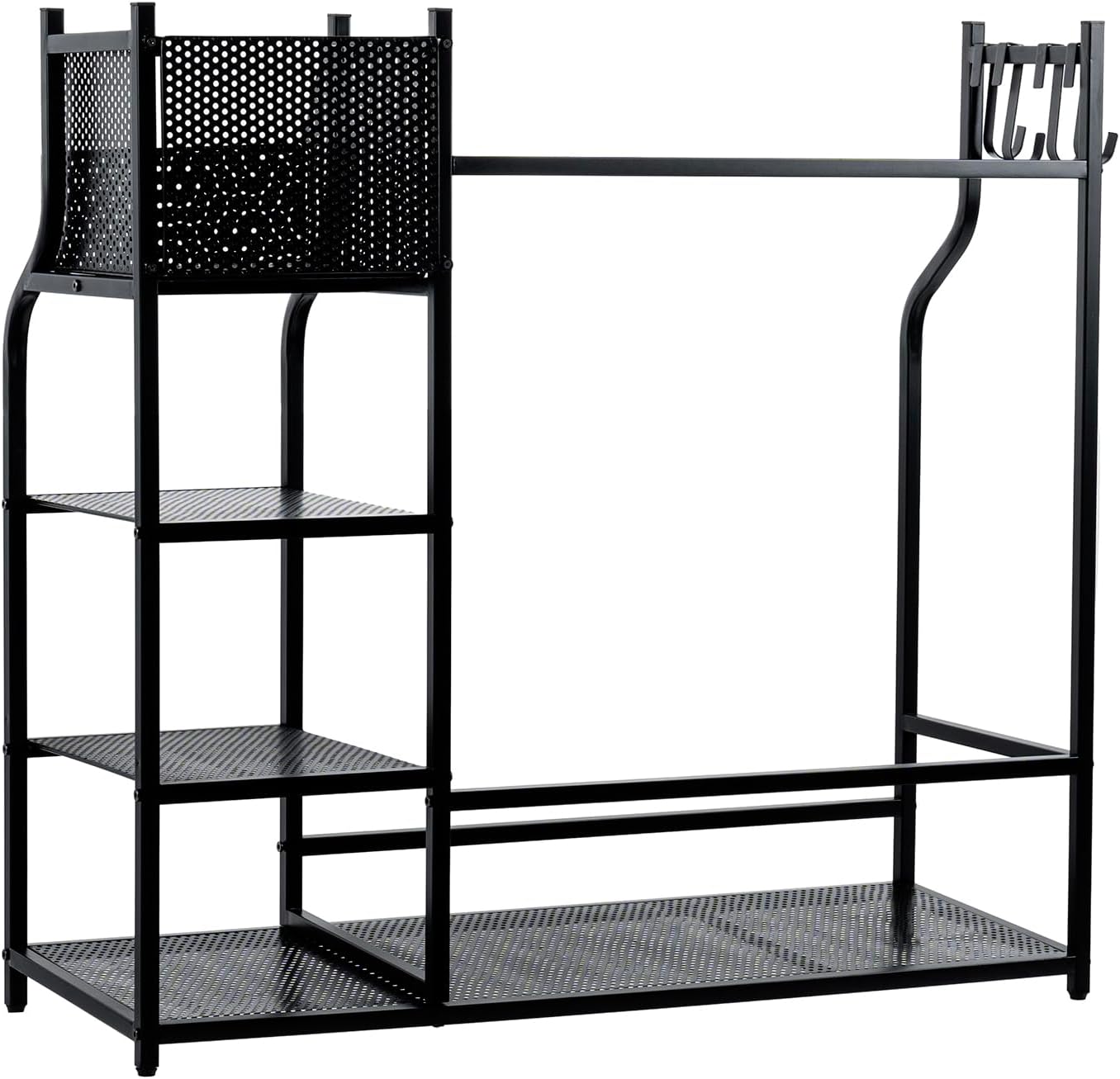 MyGift Golf Bag Stand for Garage, Black Metal Extra Large Golf Garage Storage Organizer with 4 Shelf Ball Holder, Shoe Organizer, and 5 Hook Hanger, Golf Accessories Gift for Men
