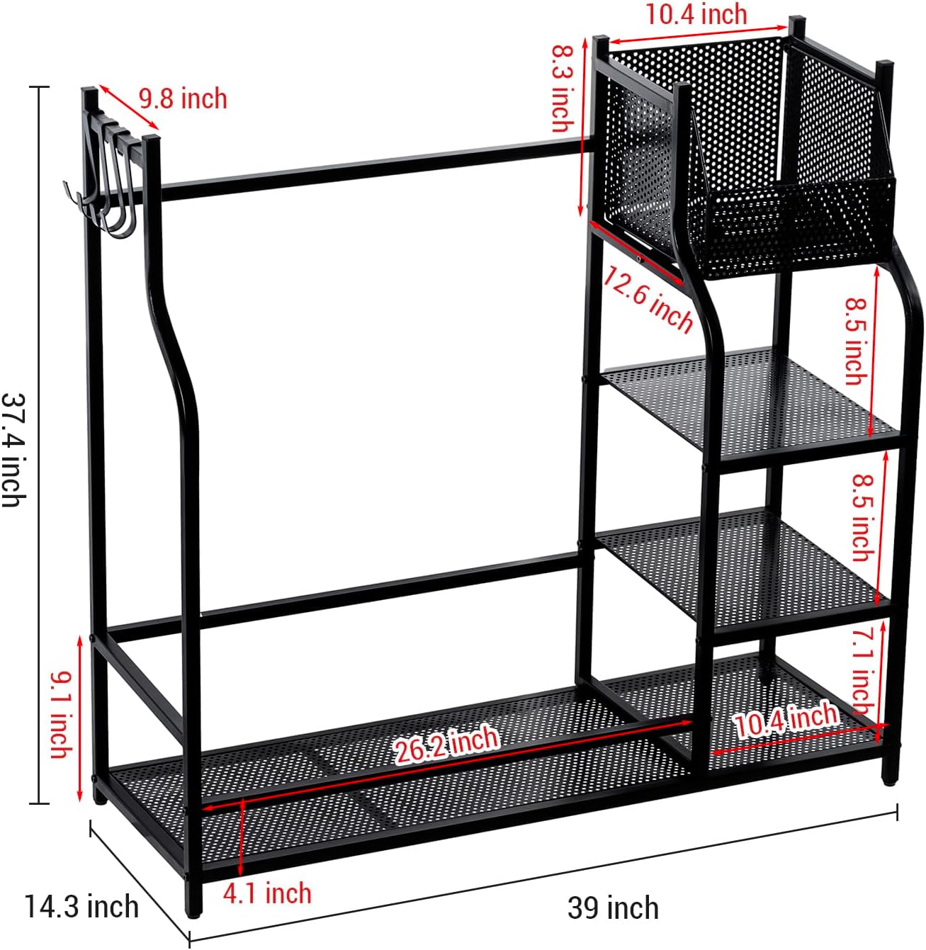 MyGift Golf Bag Stand for Garage, Black Metal Extra Large Golf Garage Storage Organizer with 4 Shelf Ball Holder, Shoe Organizer, and 5 Hook Hanger, Golf Accessories Gift for Men