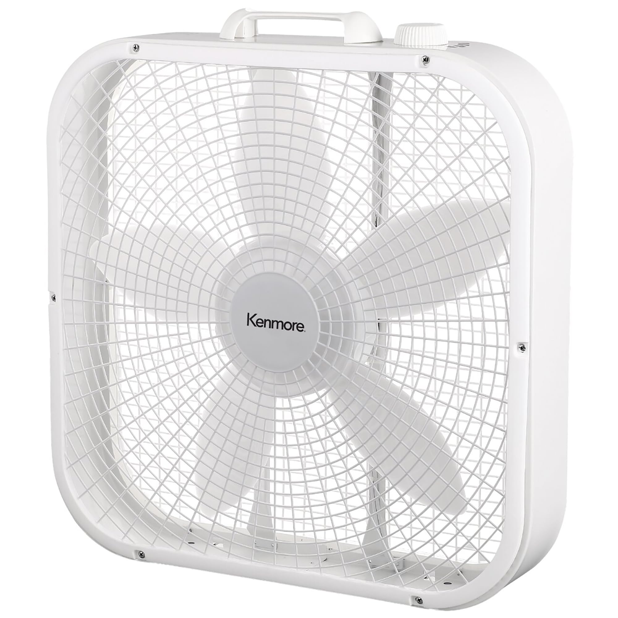 Kenmore Box Fan - 20" White, 3 Speed Cooling & Airflow, Square Floor Fan, Portable Carry Handle, Mechanical Controls, 5 Blades, Home-Office-Garage