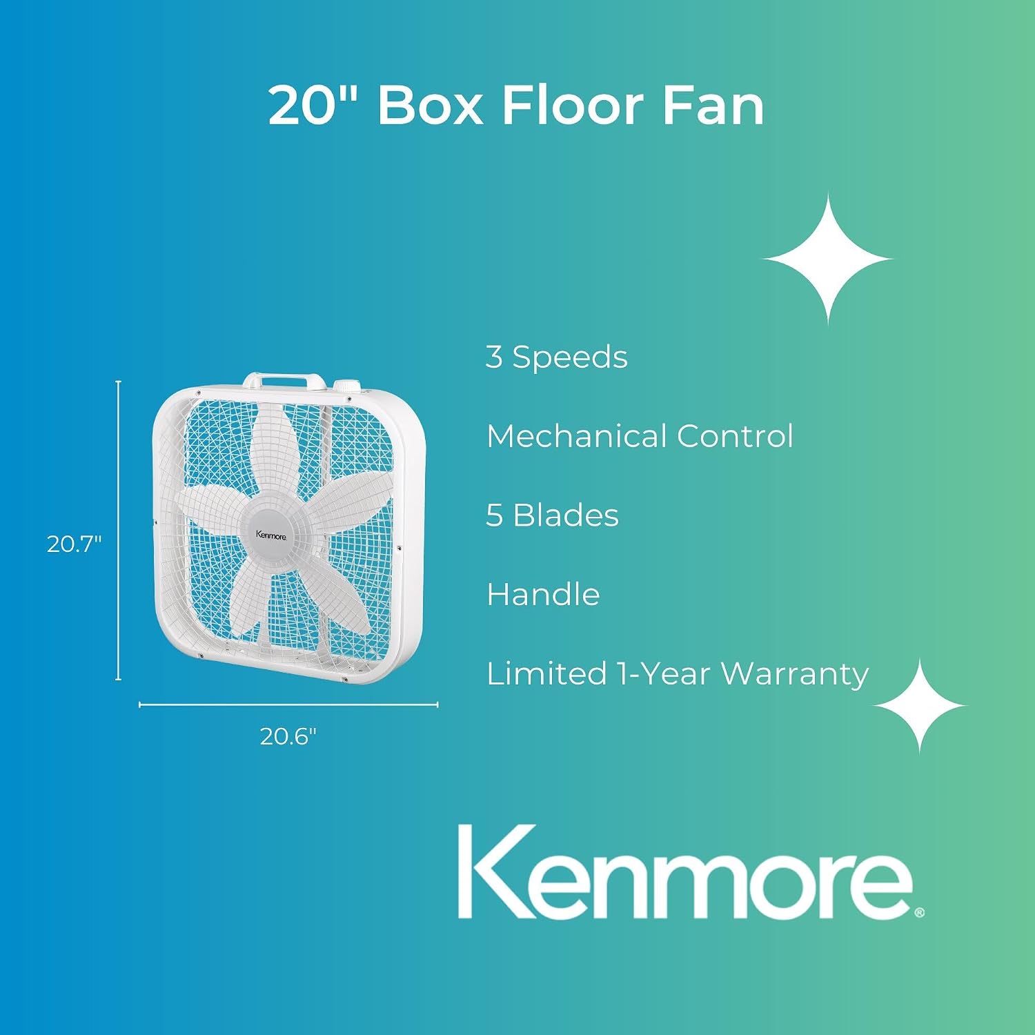 Kenmore Box Fan - 20" White, 3 Speed Cooling & Airflow, Square Floor Fan, Portable Carry Handle, Mechanical Controls, 5 Blades, Home-Office-Garage