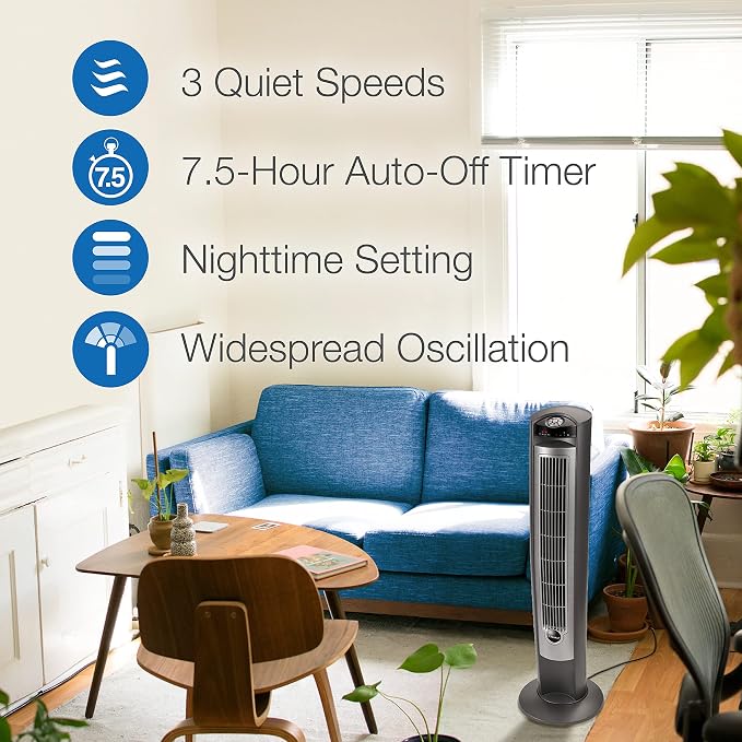 Lasko Portable Electric 42" Oscillating Tower Fan with Nighttime Setting, Timer and Remote Control for Indoor, Bedroom and Home Office Use, Silver T42951C