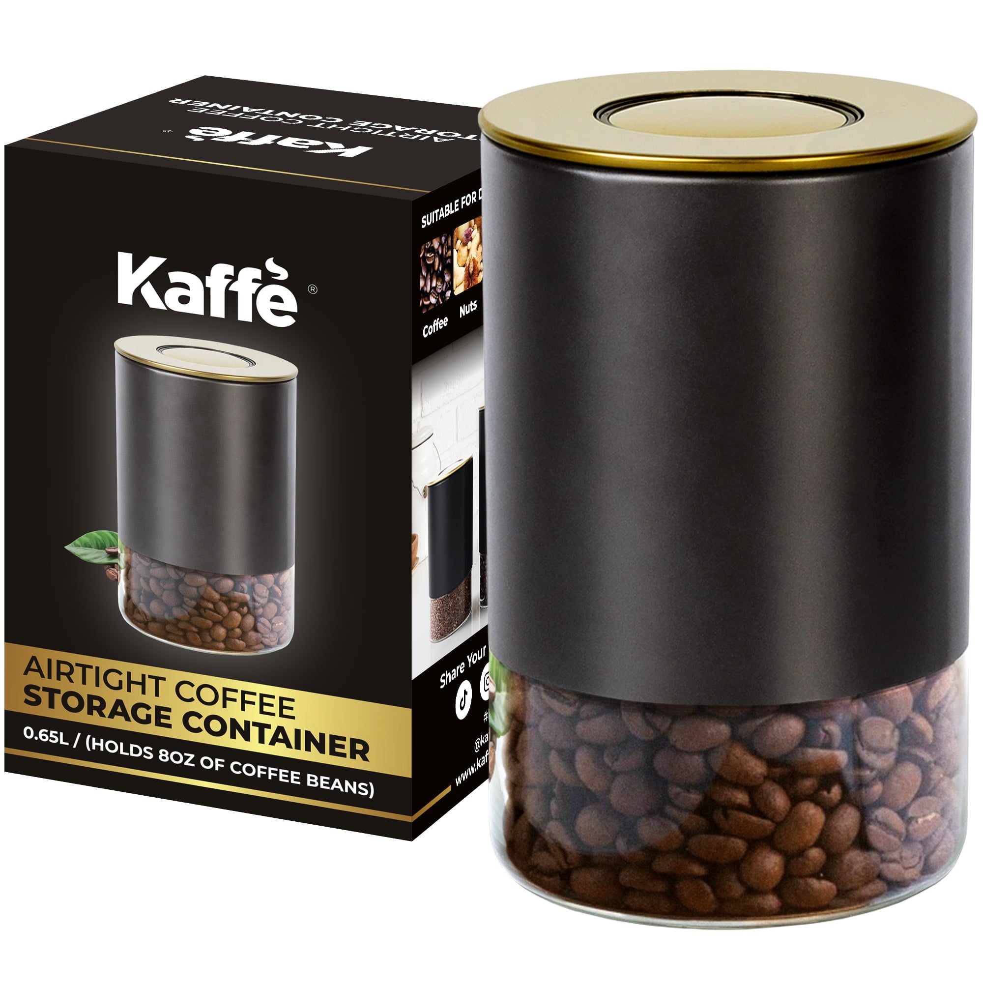 Kaffe Coffee Canister, Perfect Coffee Container Airtight, Smart Coffee Canister for Ground Coffee, Glass Jar, (16oz)