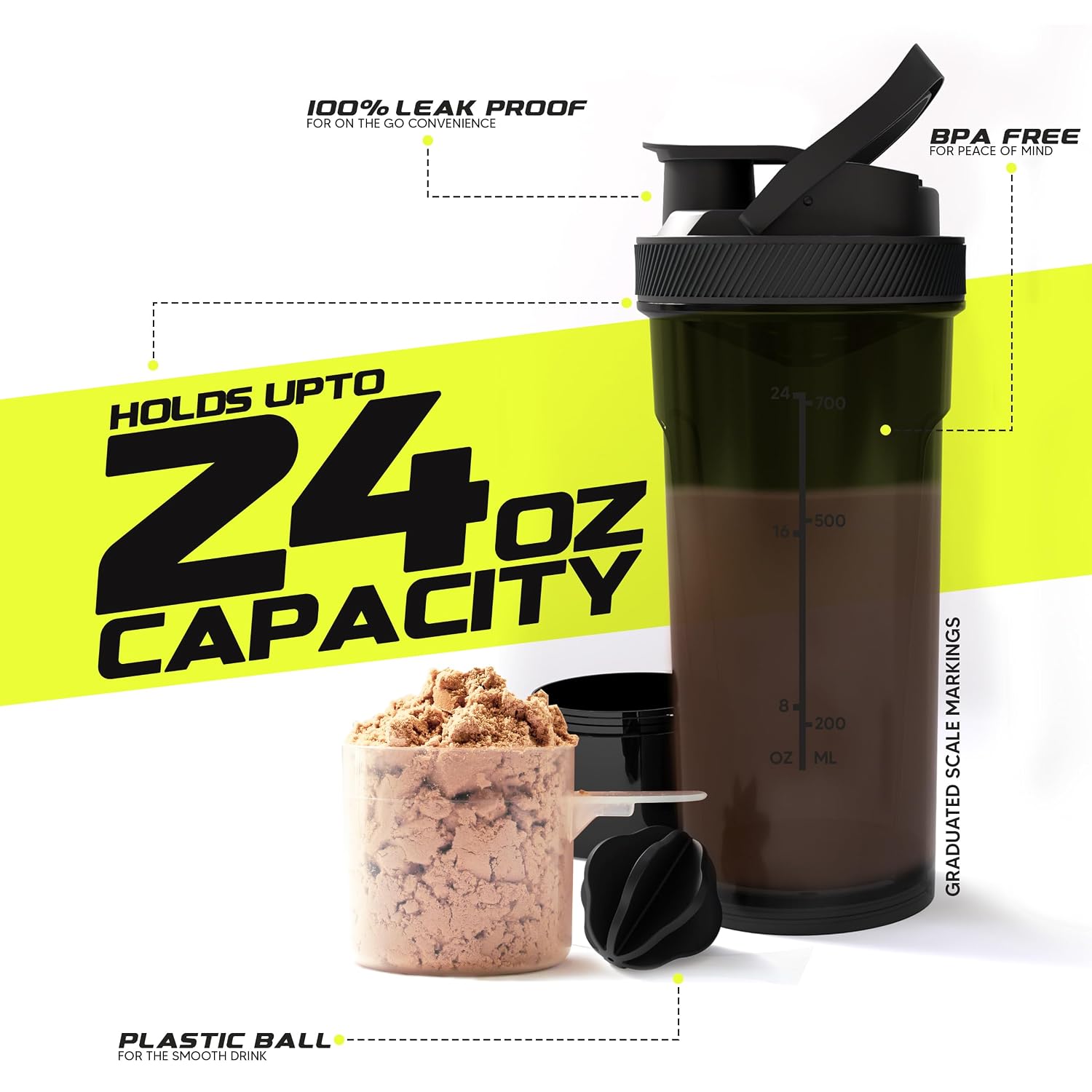 Utopia Home Shaker Bottle 2 Pack - 24 Ounce Plastic Protein or Cocktail Shaker Bottle for Pre & Post workout with Twist & Lock Protein Box Storage (Clear/Black)