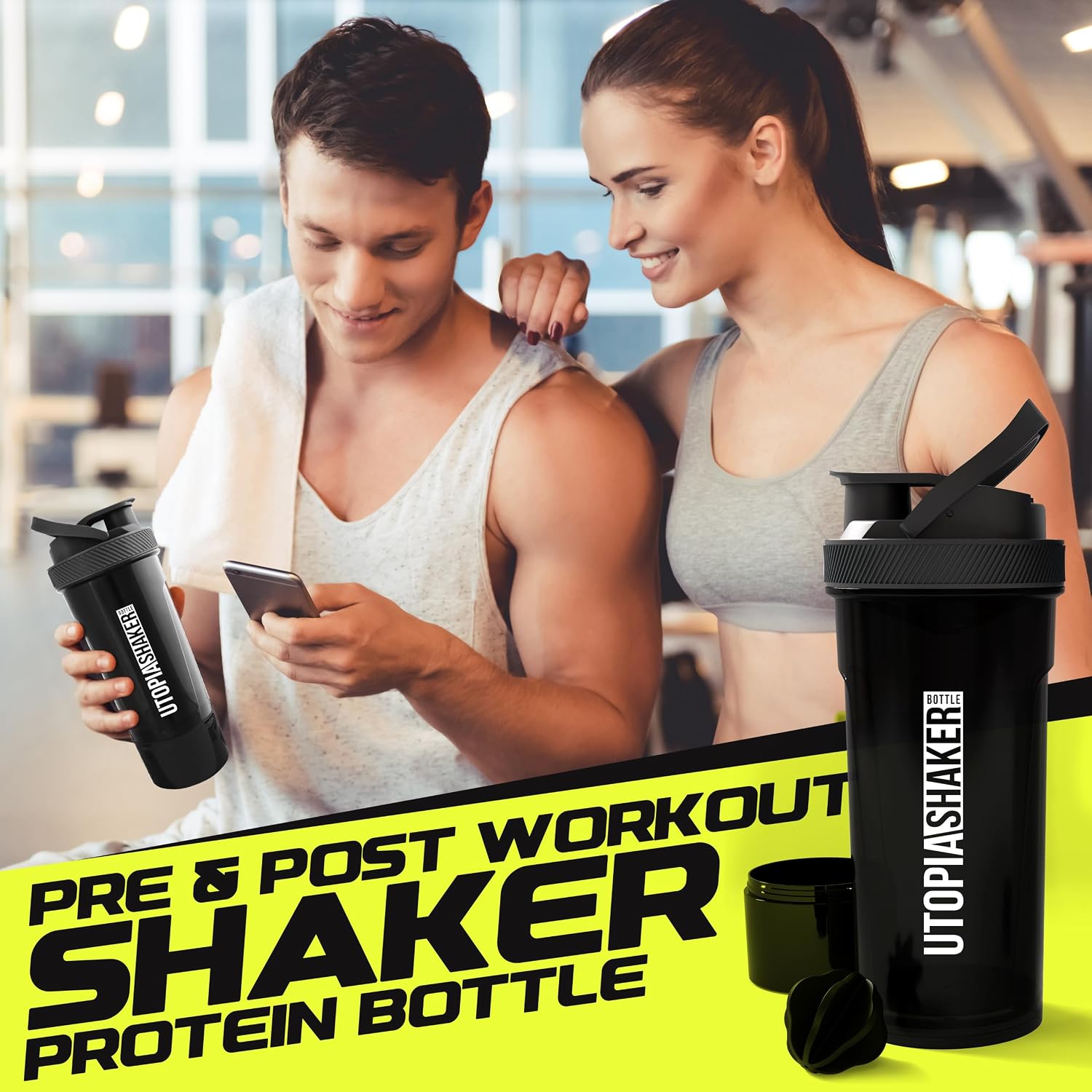 Utopia Home Shaker Bottle 2 Pack - 24 Ounce Plastic Protein or Cocktail Shaker Bottle for Pre & Post workout with Twist & Lock Protein Box Storage (Clear/Black)