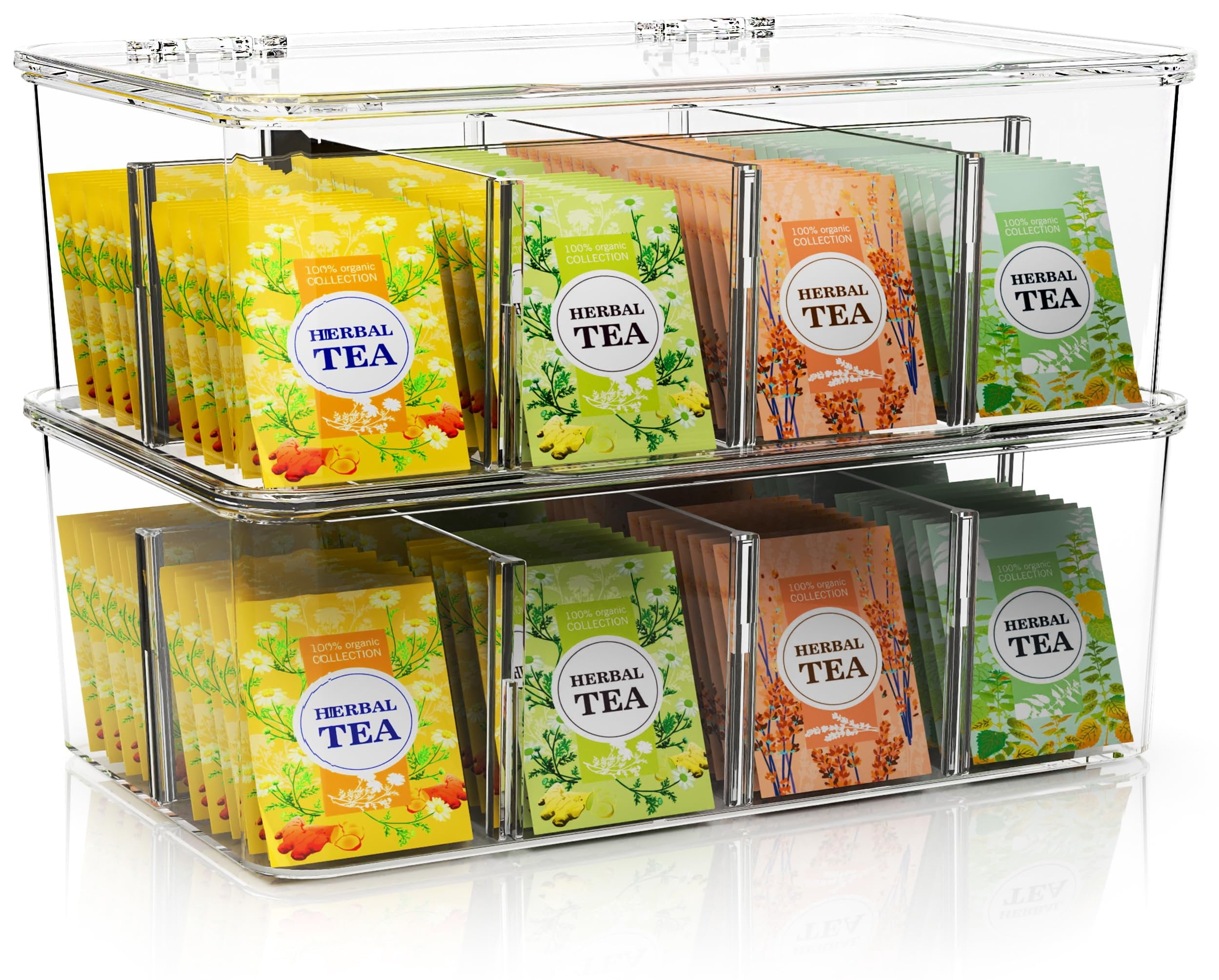 Utopia Home - Tea Bag Organizer With Lids, 2 Pack Clear Pantry Storage Box - Stackable Partition Organizers or Holder With Lids For Drawers, Countertops, Fridge, Kitchen, Snack & Spice Organization