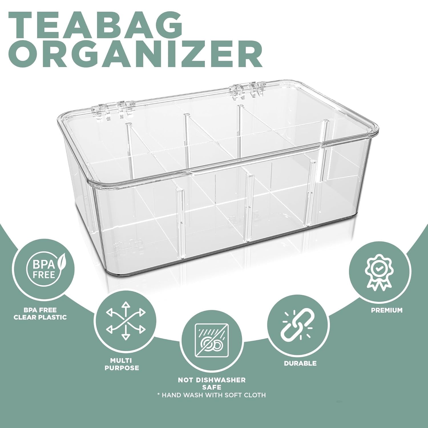Utopia Home - Tea Bag Organizer With Lids, 2 Pack Clear Pantry Storage Box - Stackable Partition Organizers or Holder With Lids For Drawers, Countertops, Fridge, Kitchen, Snack & Spice Organization