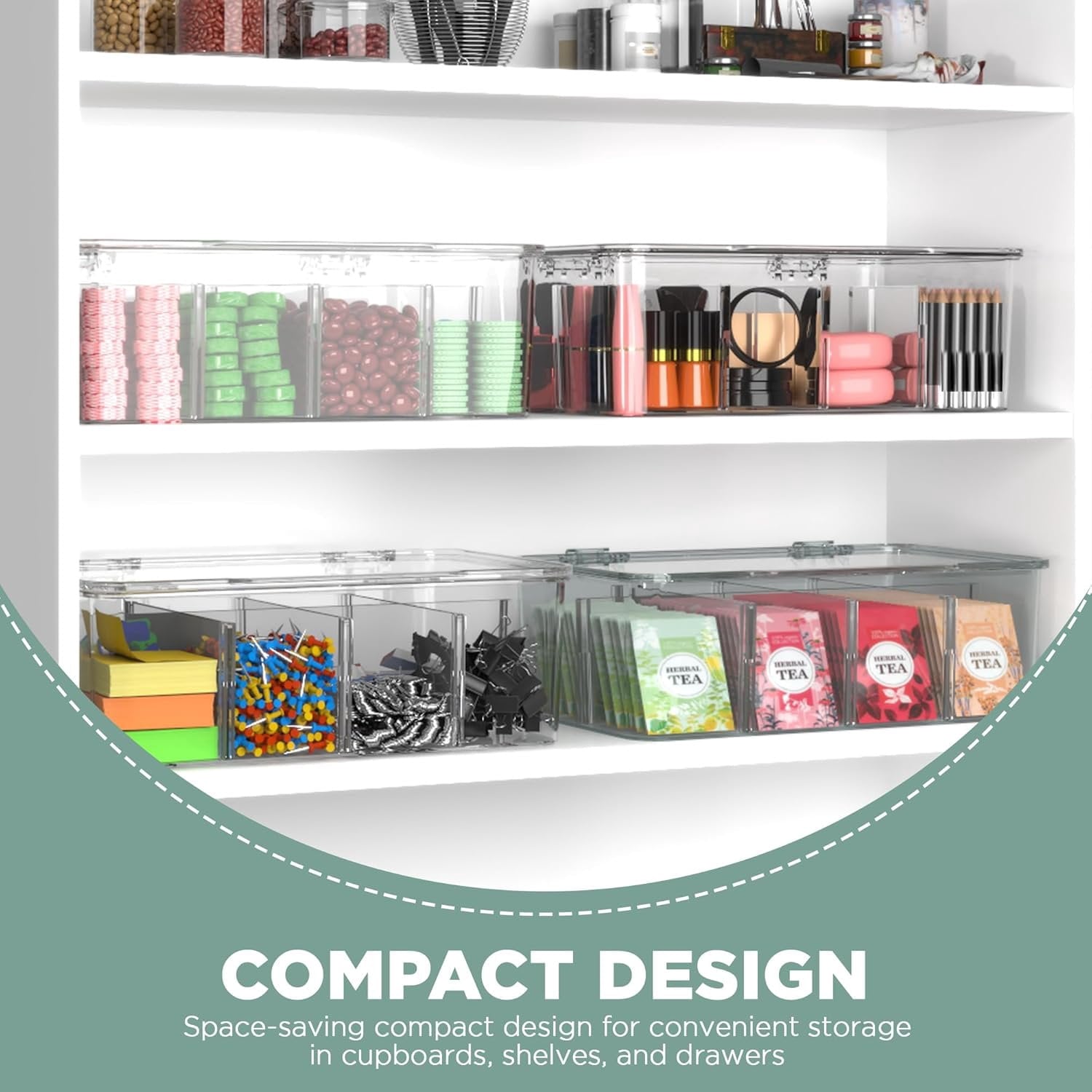 Utopia Home - Tea Bag Organizer With Lids, 2 Pack Clear Pantry Storage Box - Stackable Partition Organizers or Holder With Lids For Drawers, Countertops, Fridge, Kitchen, Snack & Spice Organization