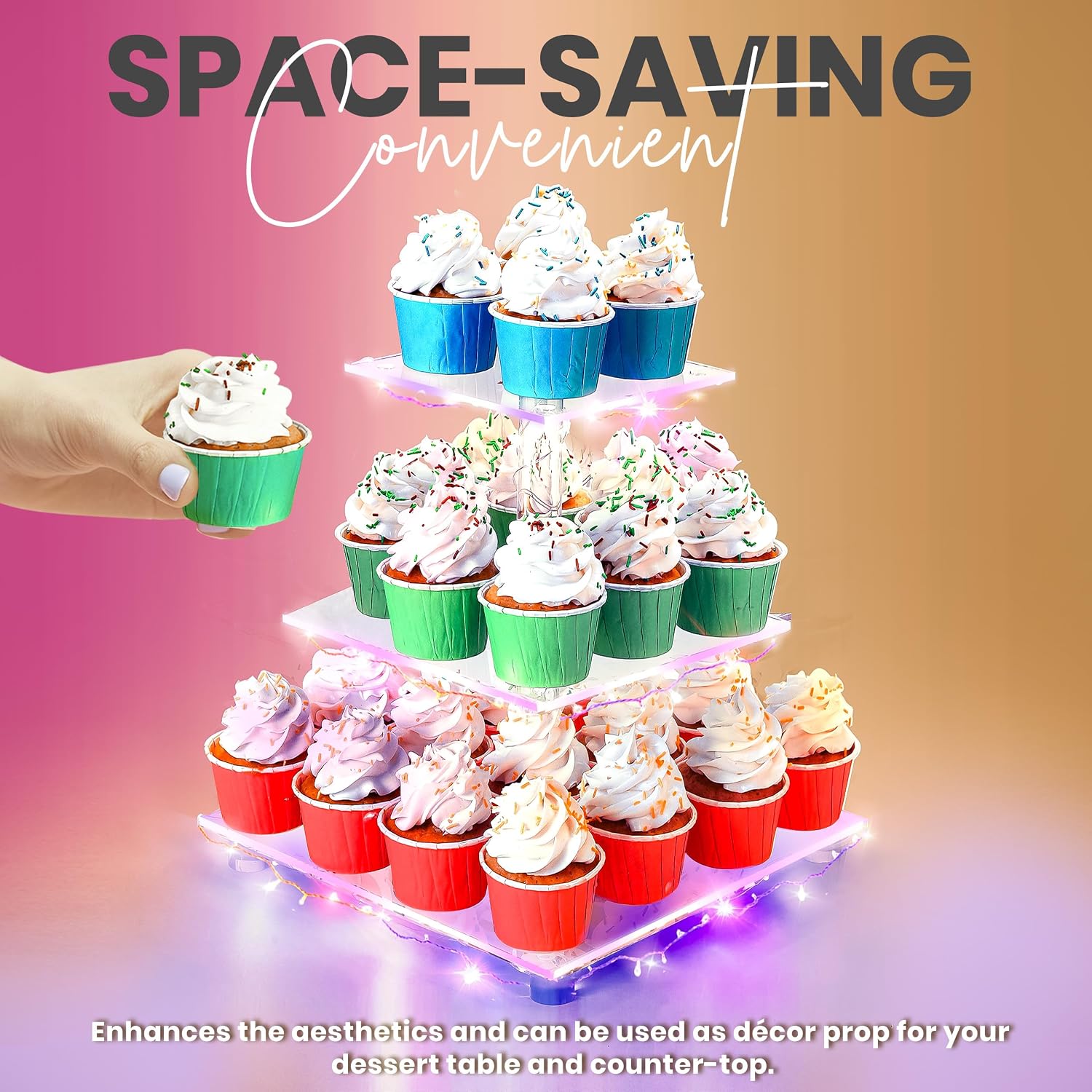 Utopia Home Square Cupcake Stand - Premium Cupcake Holder - Acrylic Cupcake Tower Display - Cady Bar Party D cor + LED Light String - Ideal for Weddings, Birthday Parties (3 Tier, Multi Color)