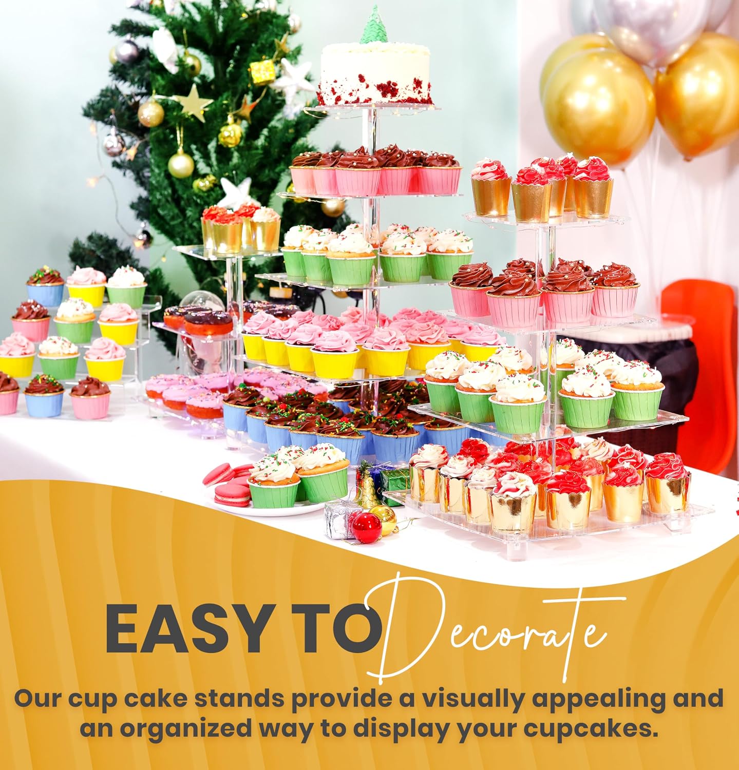Utopia Home - Square Acrylic Cupcake Stand with Multi LED Light Strings - 4 Tier Premium Cupcake Tower - Cup Cake Tier Stand for Dessert Table - Ideal for Weddings Birthday Parties