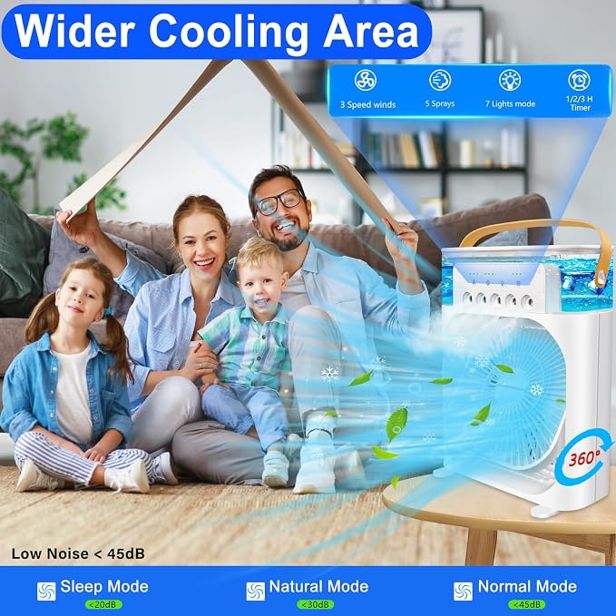 Mini Desktop Cooling Misting Fan, 1/2/3 H Timer, 3 Speeds, 360Adjustment,for Office, Home, Room, Desk, Car - White