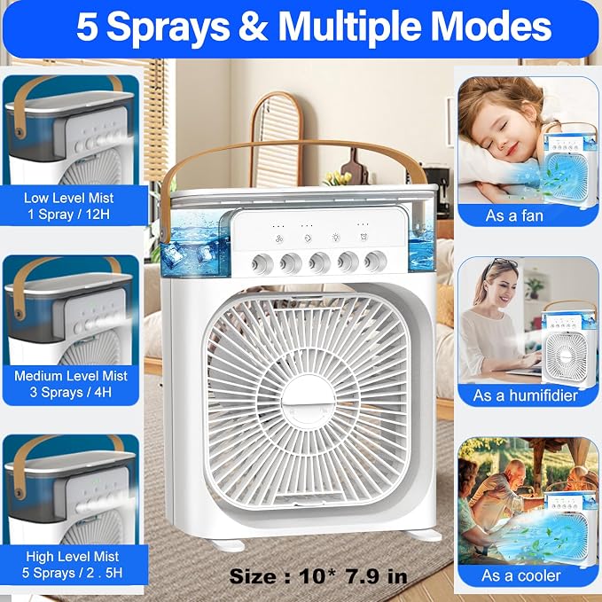 Mini Desktop Cooling Misting Fan, 1/2/3 H Timer, 3 Speeds, 360Adjustment,for Office, Home, Room, Desk, Car - White