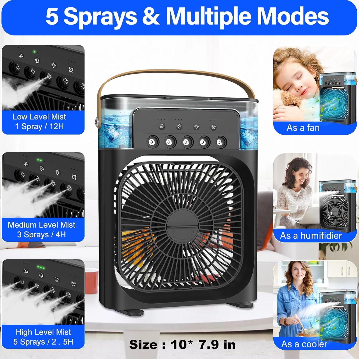 Mini Desktop Cooling Misting Fan, 1/2/3 H Timer, 3 Speeds,360Adjustment,for Office, Home, Room, Desk, Car - Black