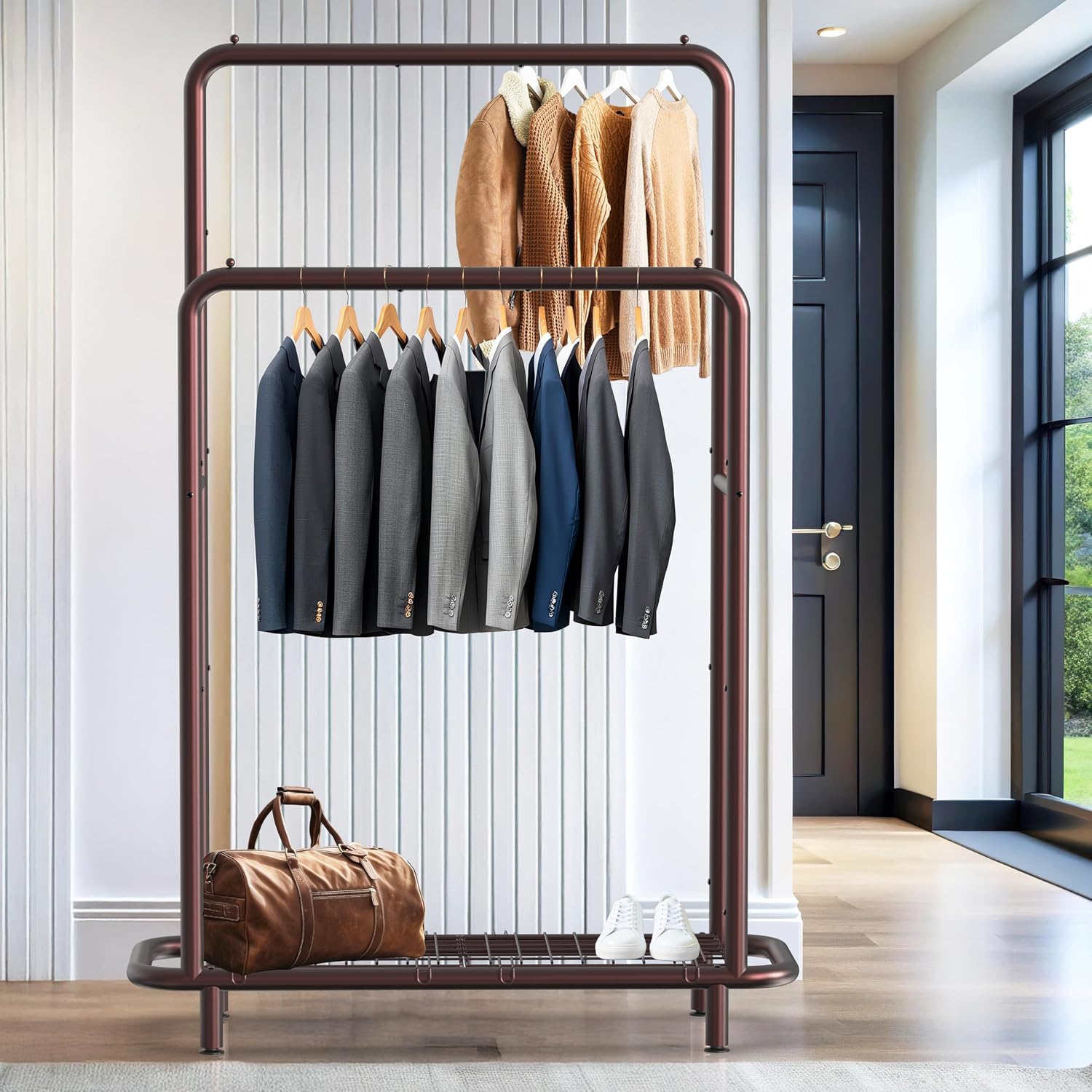 Simple Houseware Double Rod Clothing Garment Rack with Industrial Pipe and Bottom Shelves, Bronze