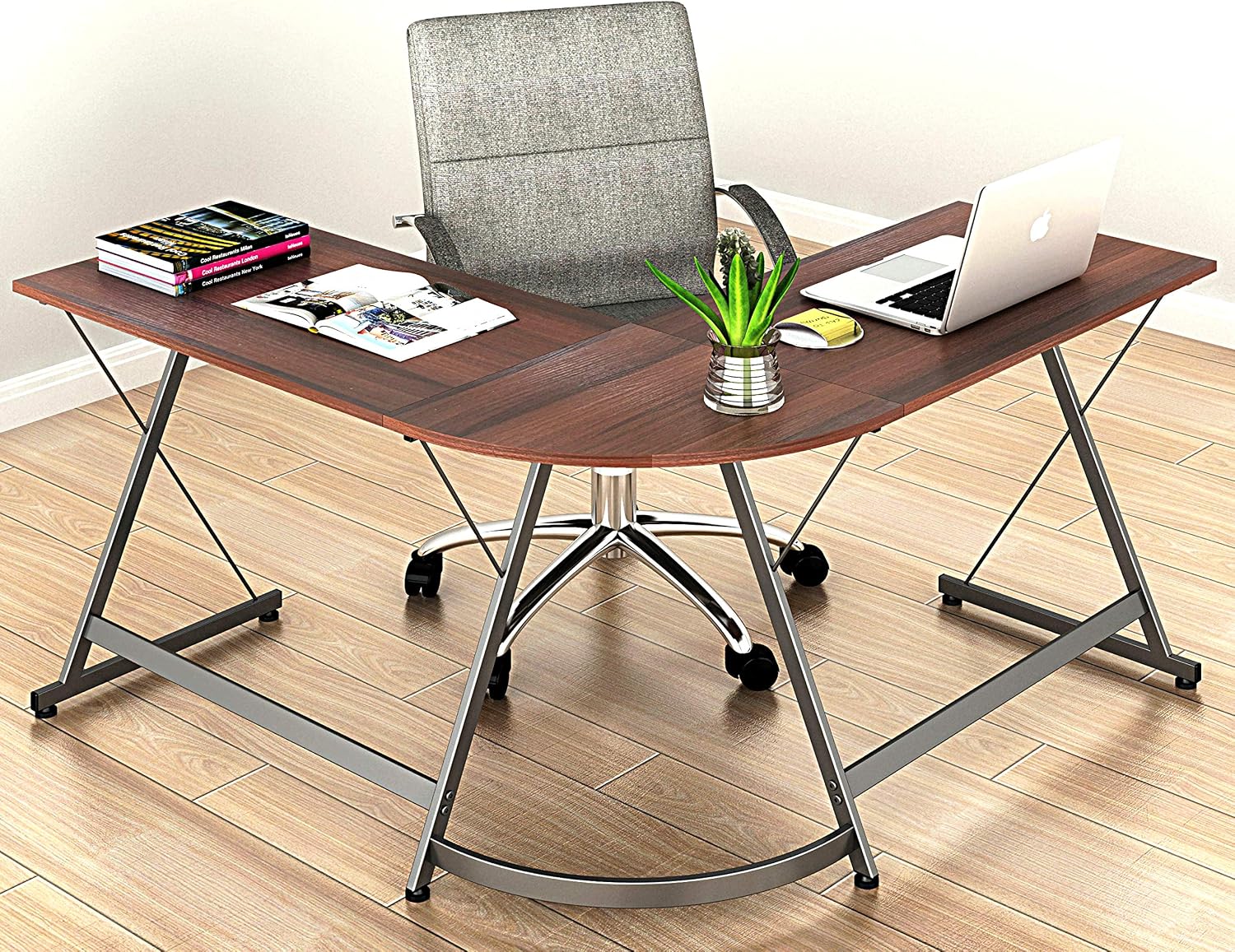 L-Shaped Computer Gaming Desk, 51"D x 51"W x 28.5"H, Walnut
