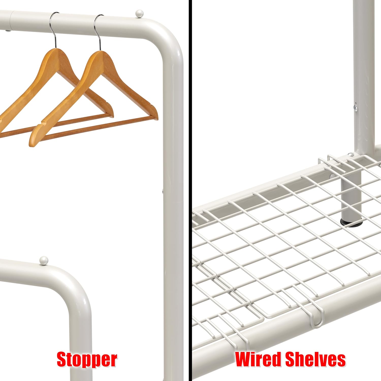 Simple Houseware Double Rod Clothing Garment Rack with Industrial Pipe and Bottom Shelves, White