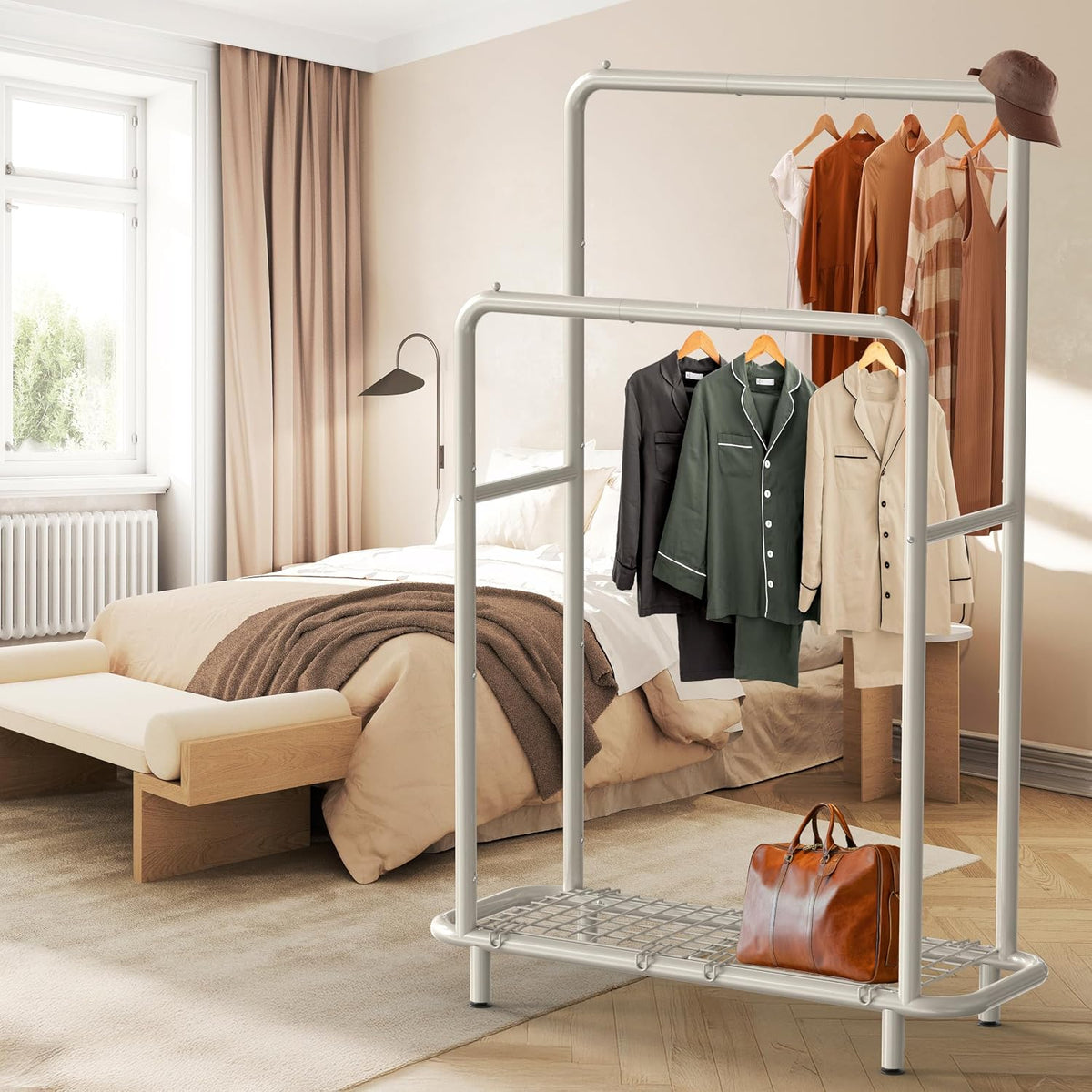 Simple Houseware Double Rod Clothing Garment Rack with Industrial Pipe and Bottom Shelves, White