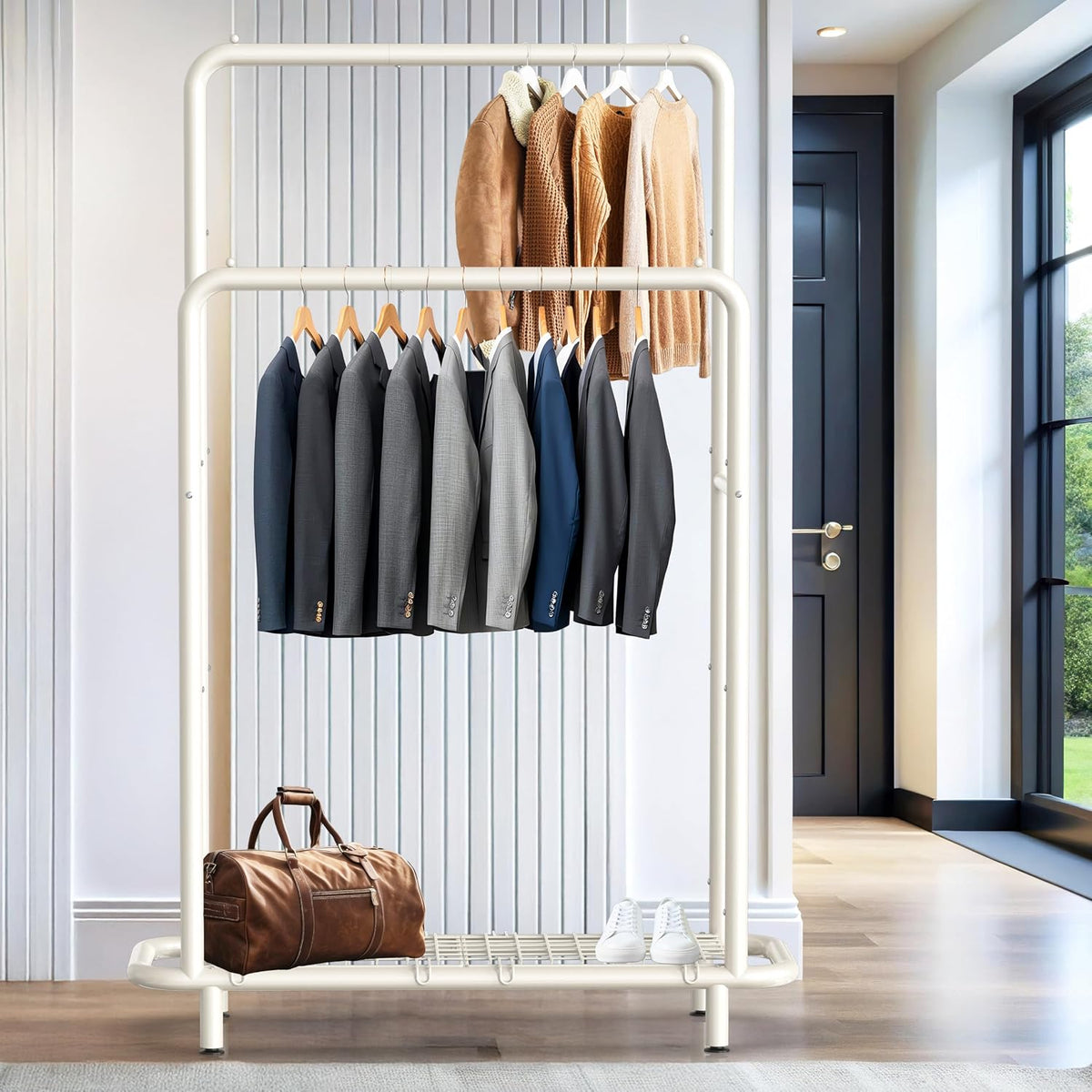 Simple Houseware Double Rod Clothing Garment Rack with Industrial Pipe and Bottom Shelves, White
