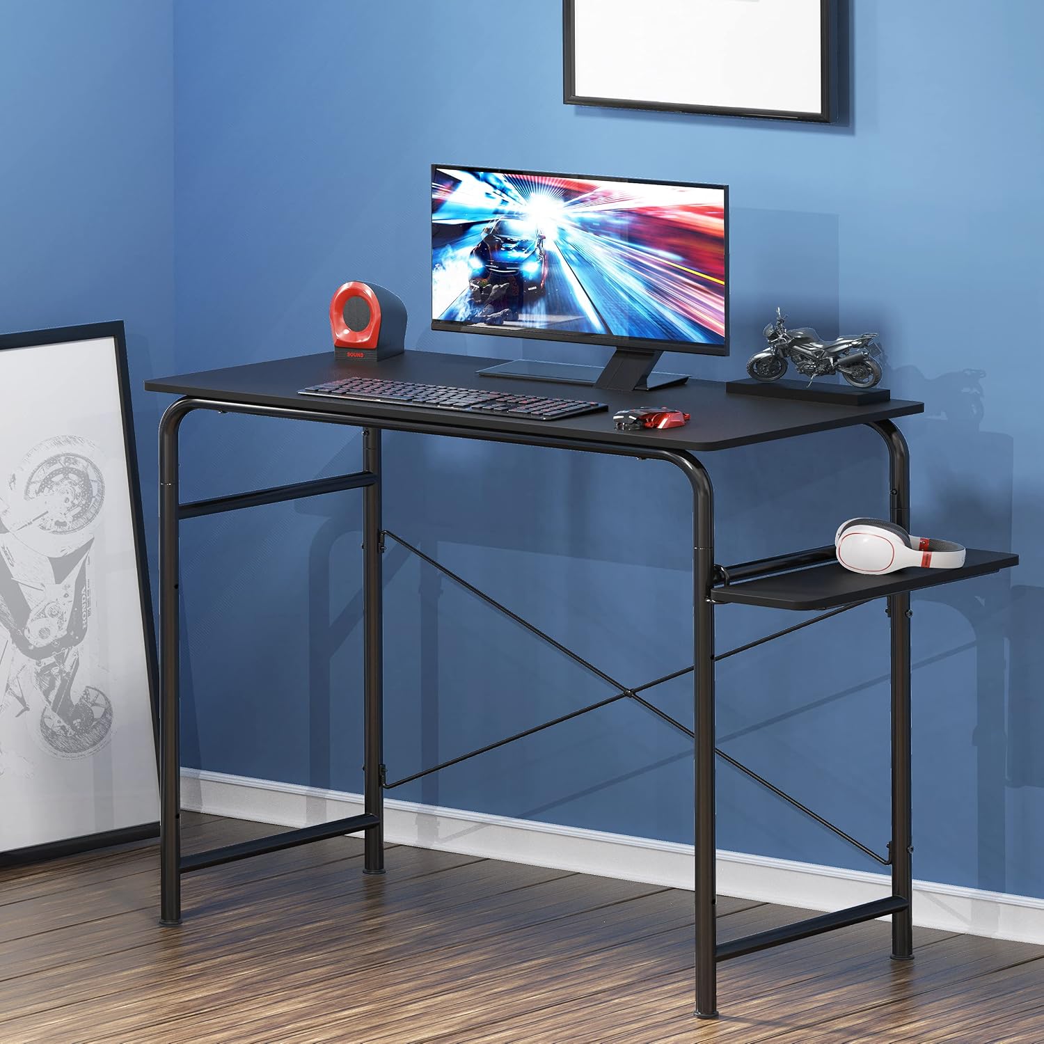 Small Gaming Home Office Computer Desk with Shelf, 16"D x 31"W x 29"H, Black