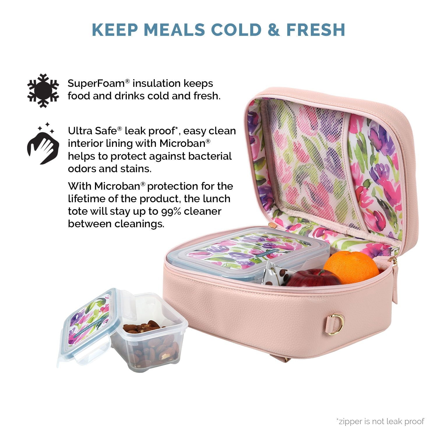 Veronica Jamison Hampton Faux Leather Lunch Tote by Arctic Zone, Lunch Bag with Food Storage & Ice Pack, Pink Pebbled