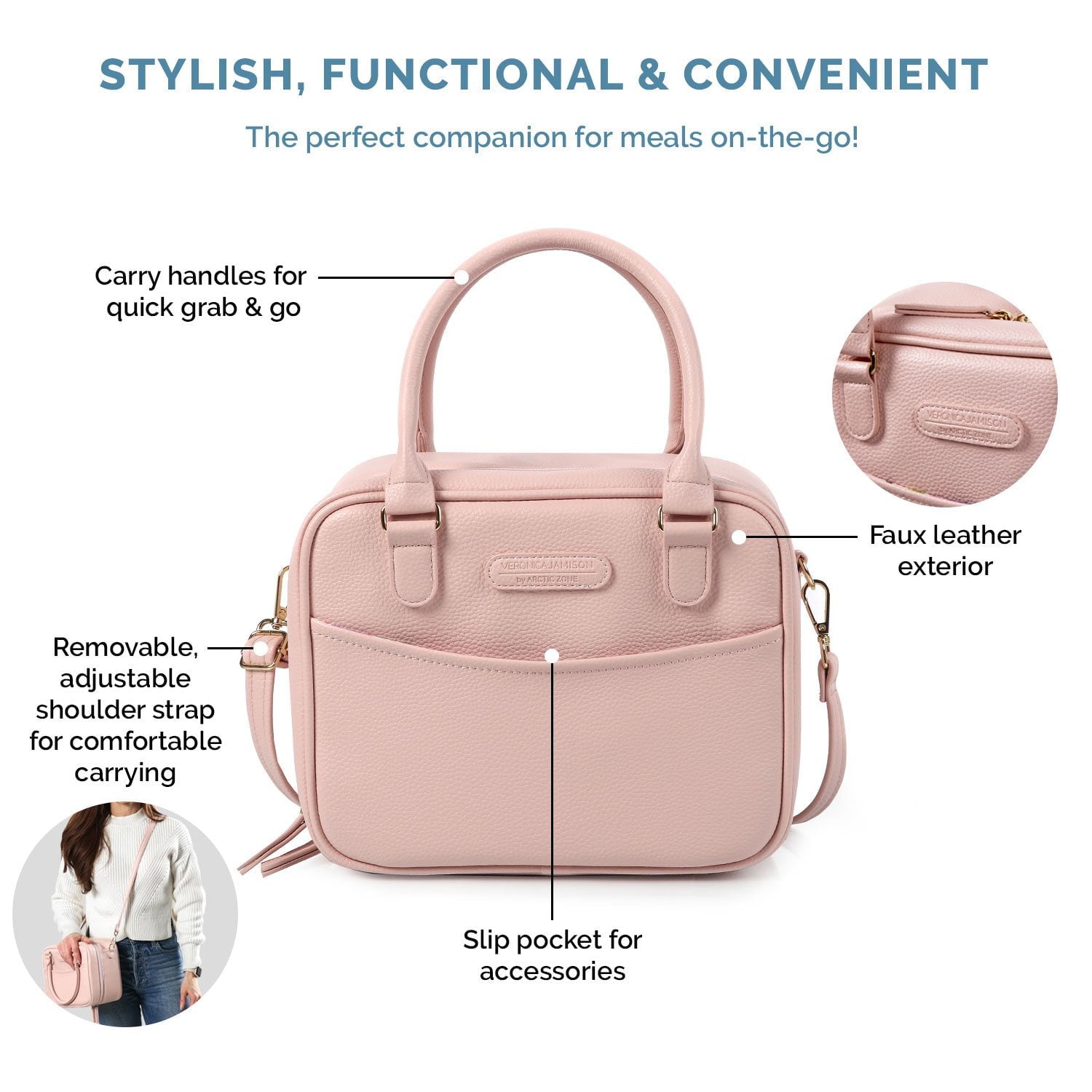 Veronica Jamison Hampton Faux Leather Lunch Tote by Arctic Zone, Lunch Bag with Food Storage & Ice Pack, Pink Pebbled