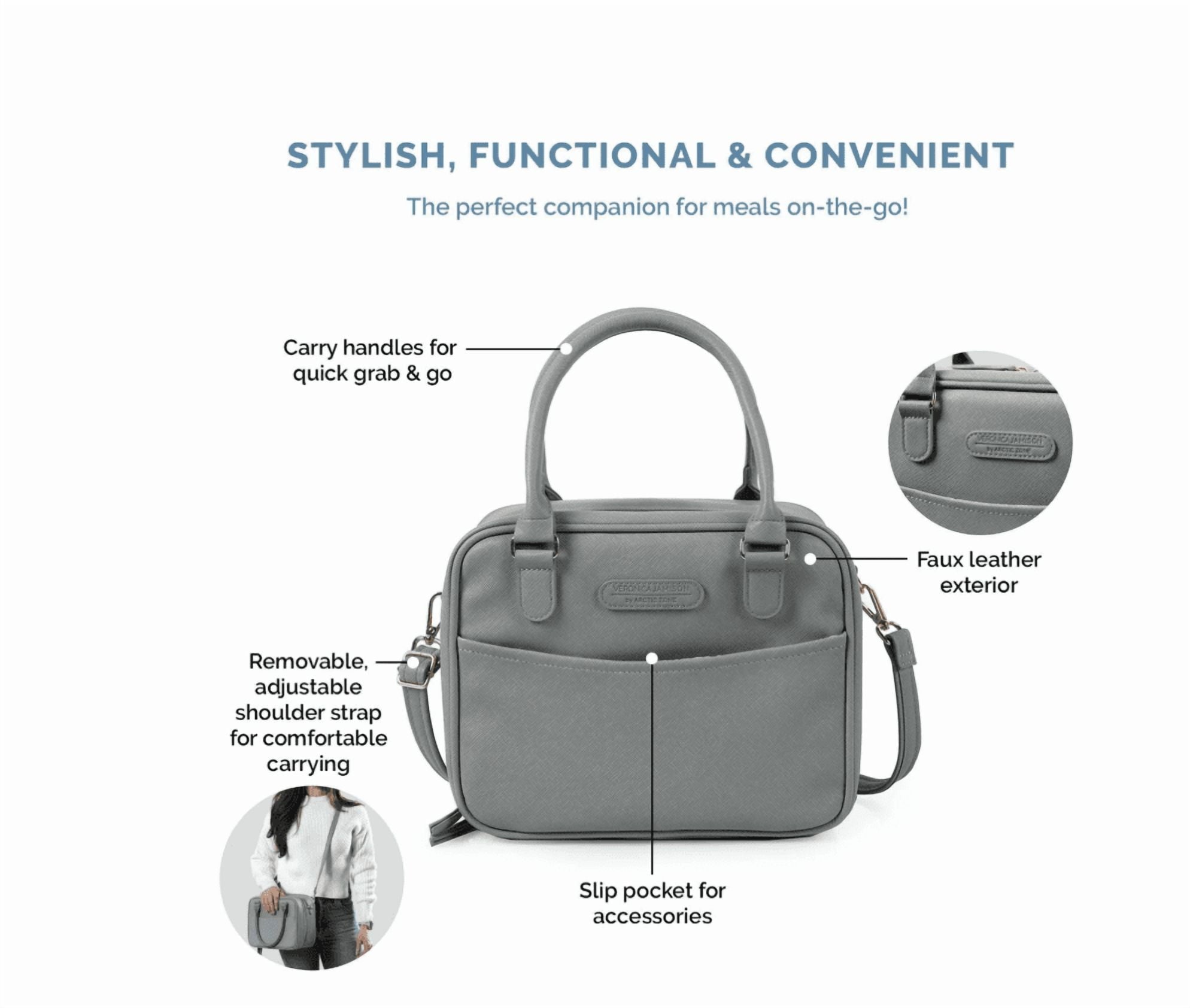 Veronica Jamison Hampton Faux Leather Lunch Tote by Arctic Zone, Lunch Bag with Food Storage & Ice Pack, Smog Saffiano