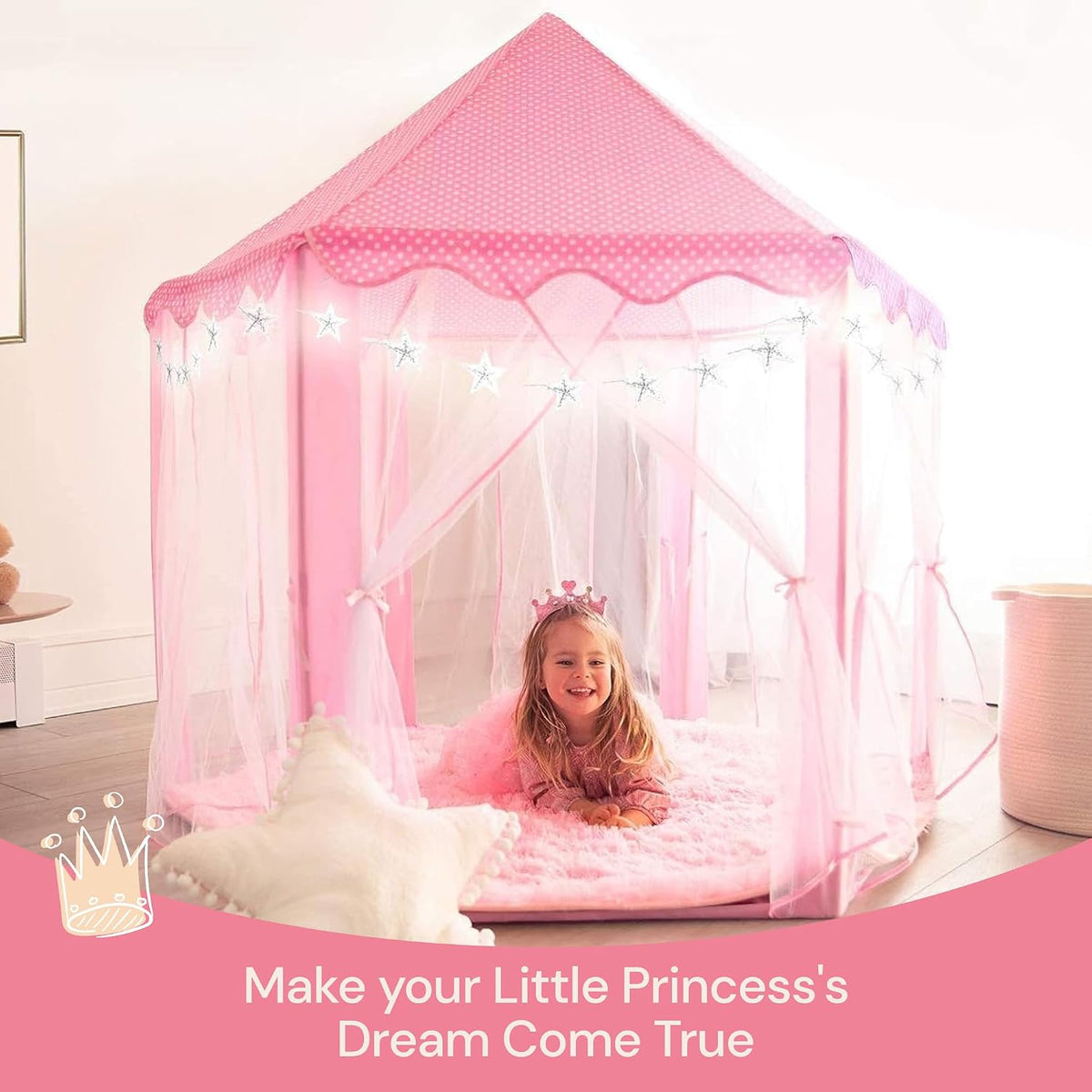 Playvibe Princess Tent For Kids - Includes Ultra Soft Rug & Led Star Lights | Princess Castle Little Girls Play Tent | Astm Certified | 55 X 53 Inch | Kid Playhouse Toys
