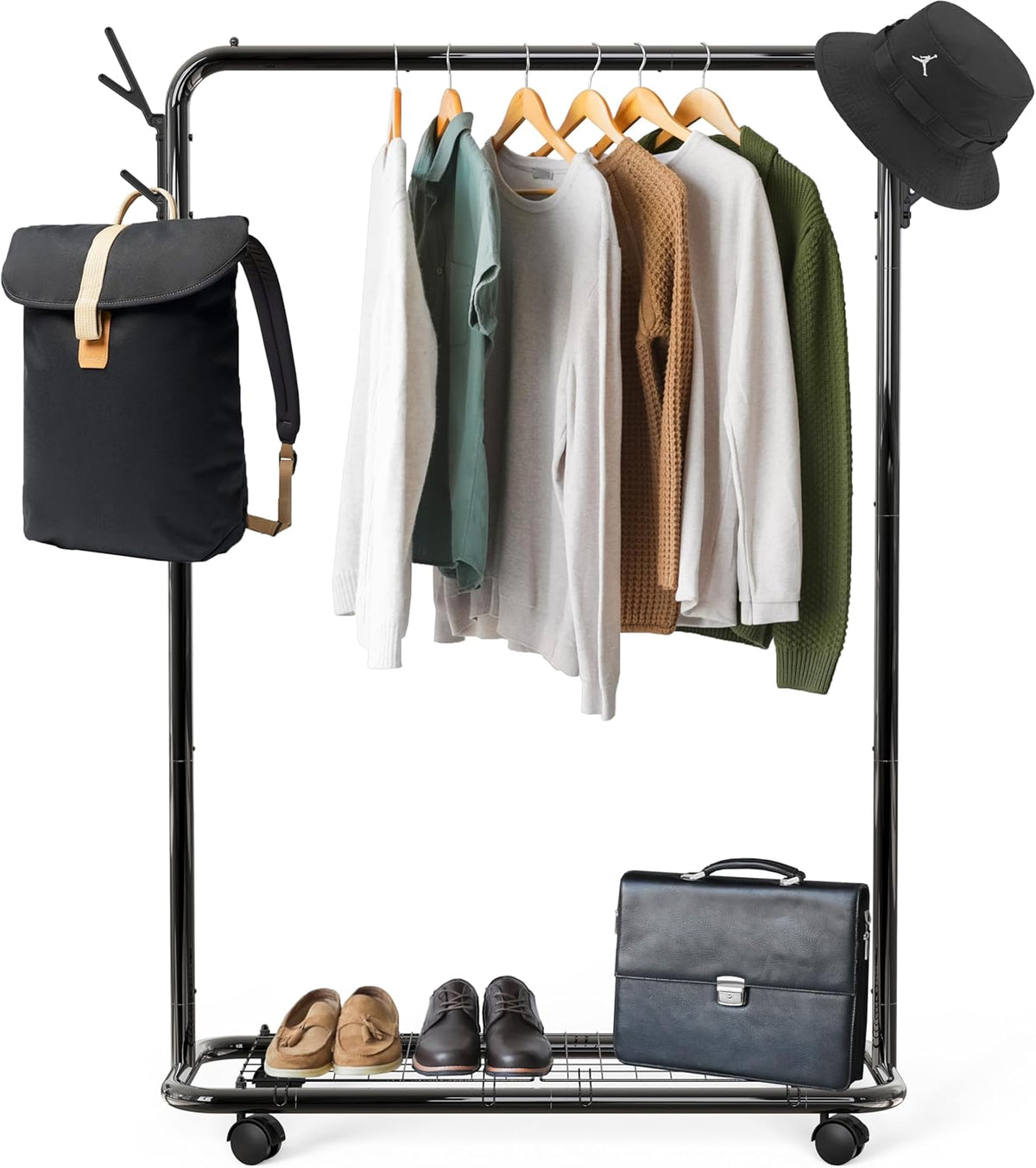 Simple Houseware Industrial Style 50.4" W Clothing Rack with Wheels and Hooks, Black