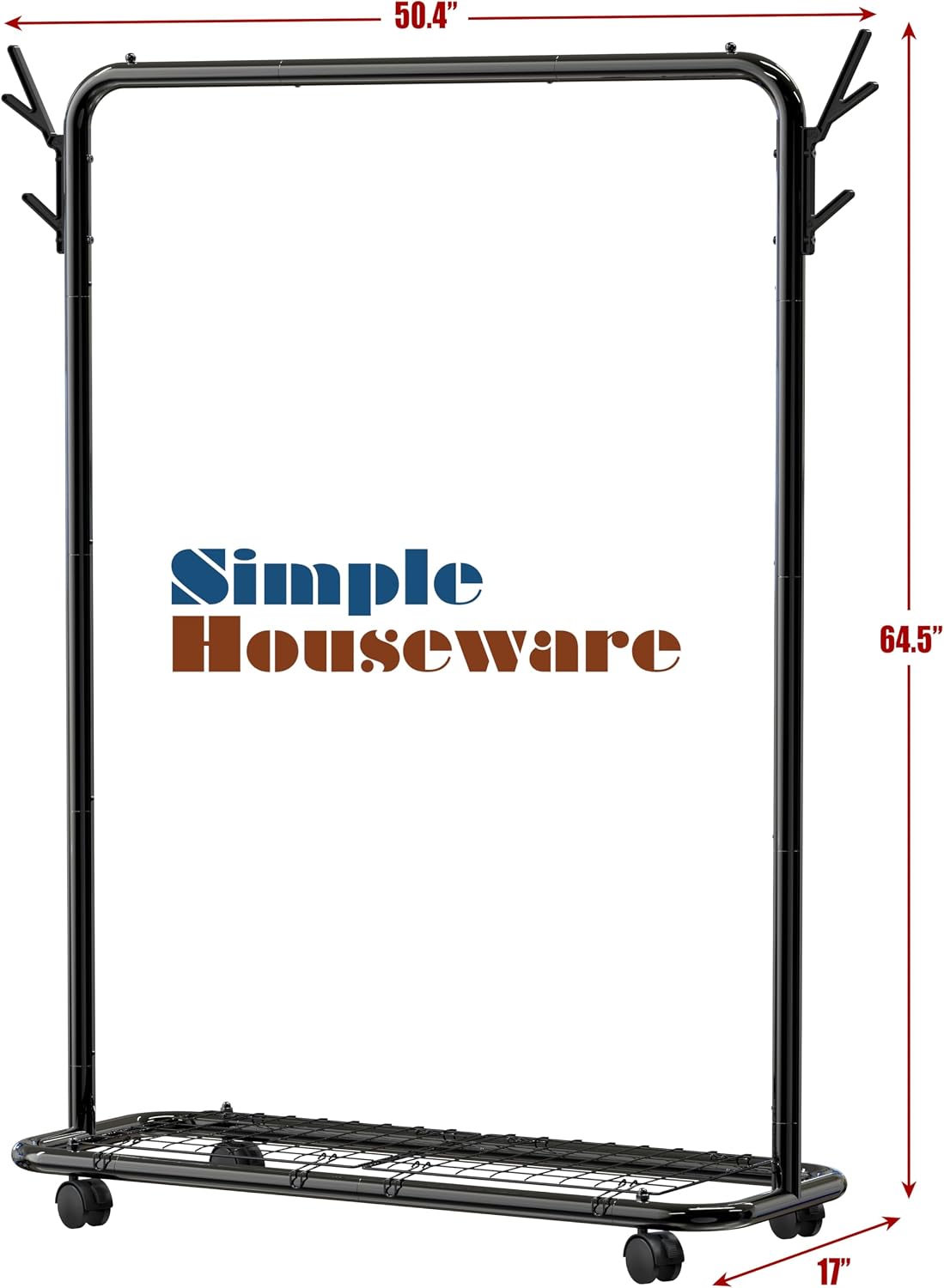Simple Houseware Industrial Style 50.4" W Clothing Rack with Wheels and Hooks, Black