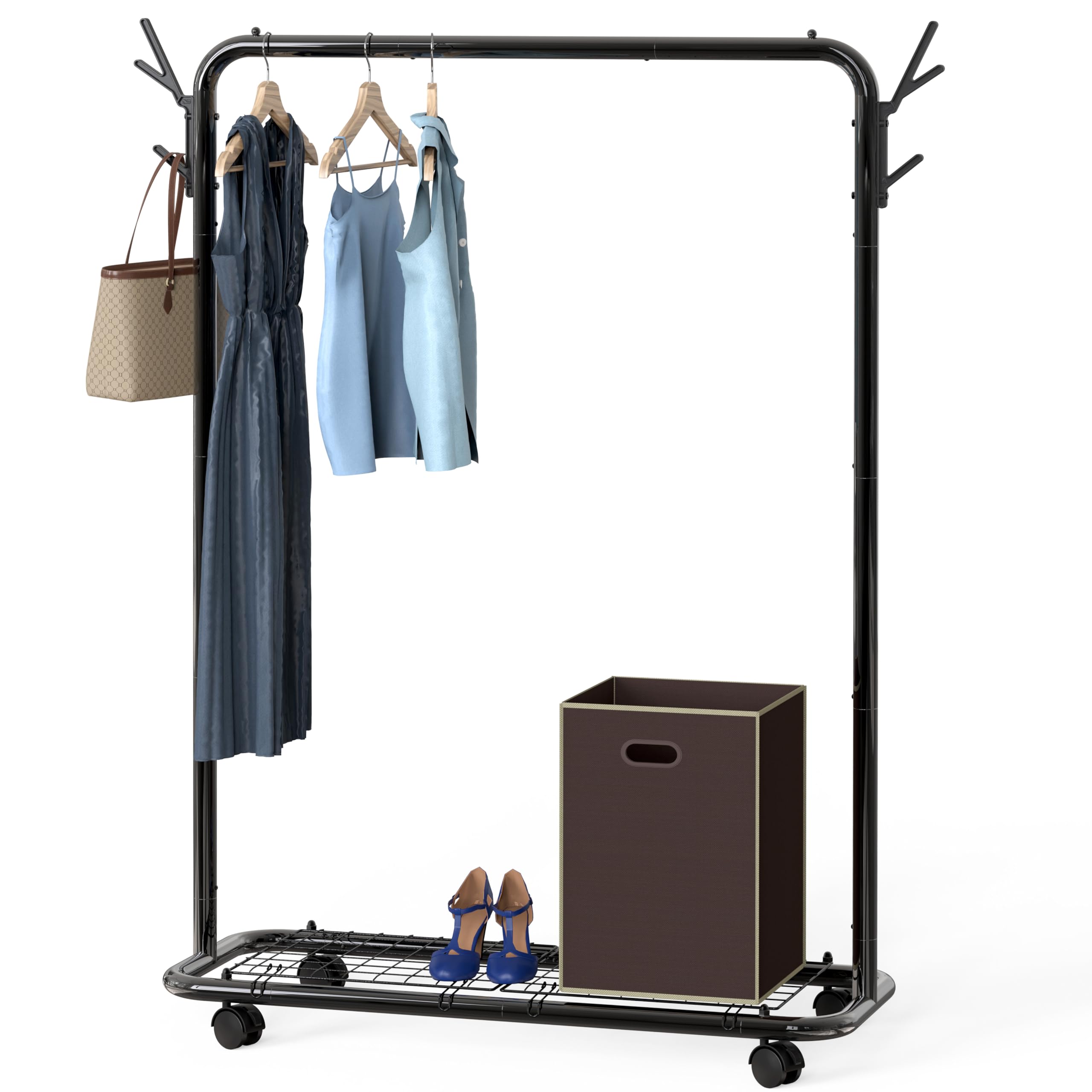 Simple Houseware Industrial Style 50.4" W Clothing Rack with Wheels and Hooks, Black