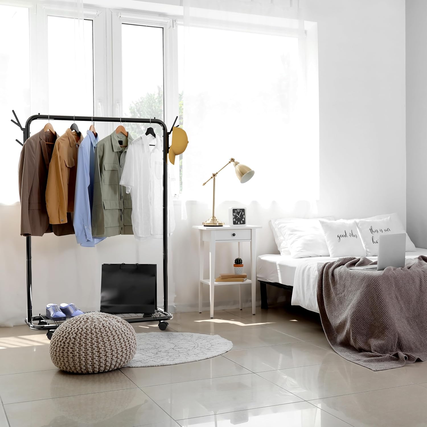 Simple Houseware Industrial Style 50.4" W Clothing Rack with Wheels and Hooks, Black