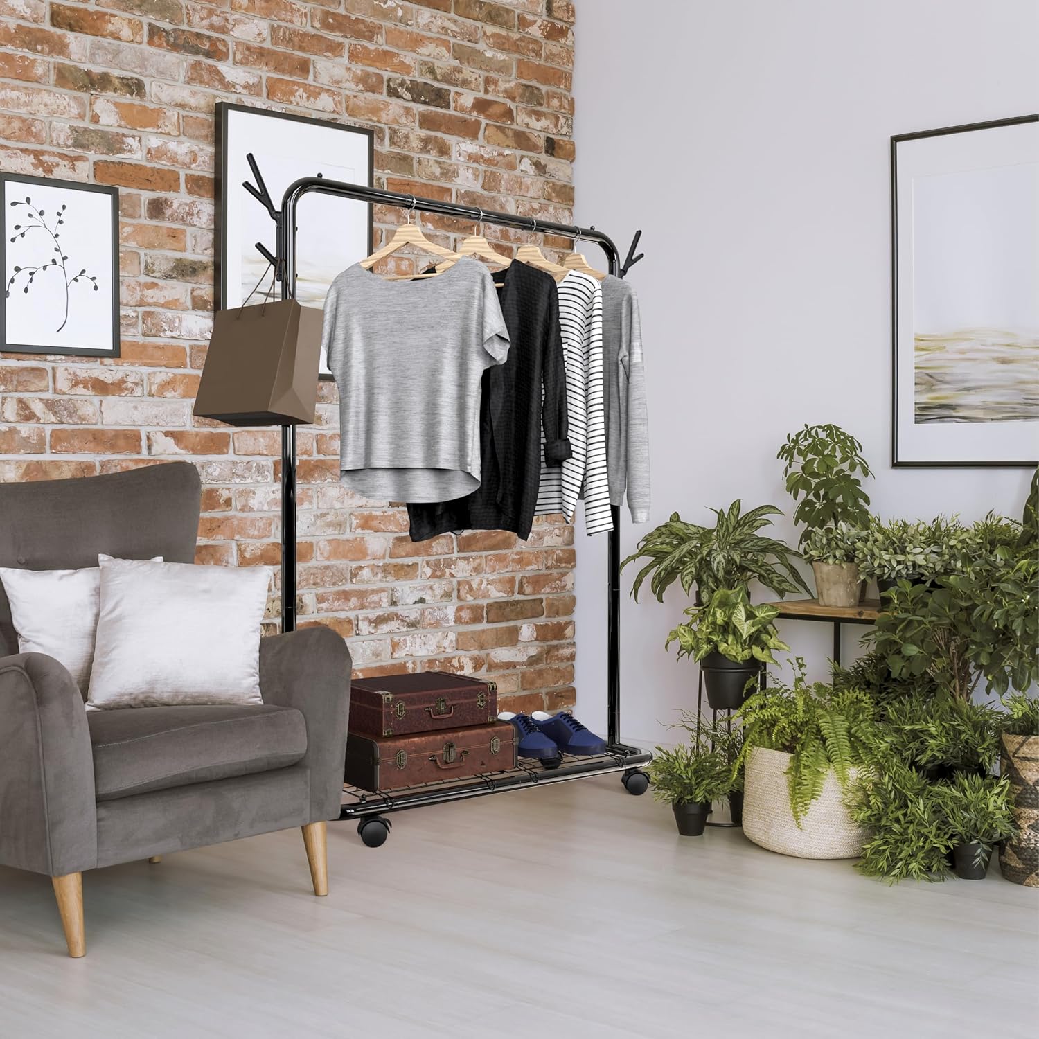 Simple Houseware Industrial Style 50.4" W Clothing Rack with Wheels and Hooks, Black