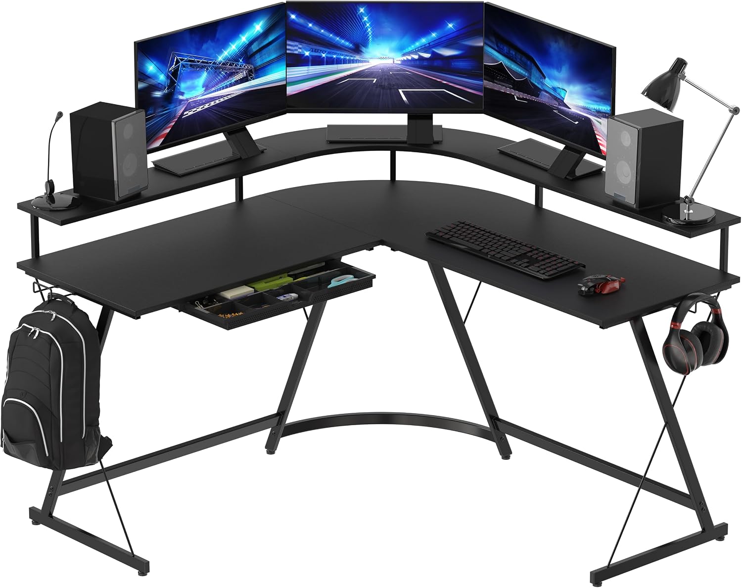 Simple Houseware L-Shaped Gaming Desk with Full Around Monitor Stand and Drawer, Black