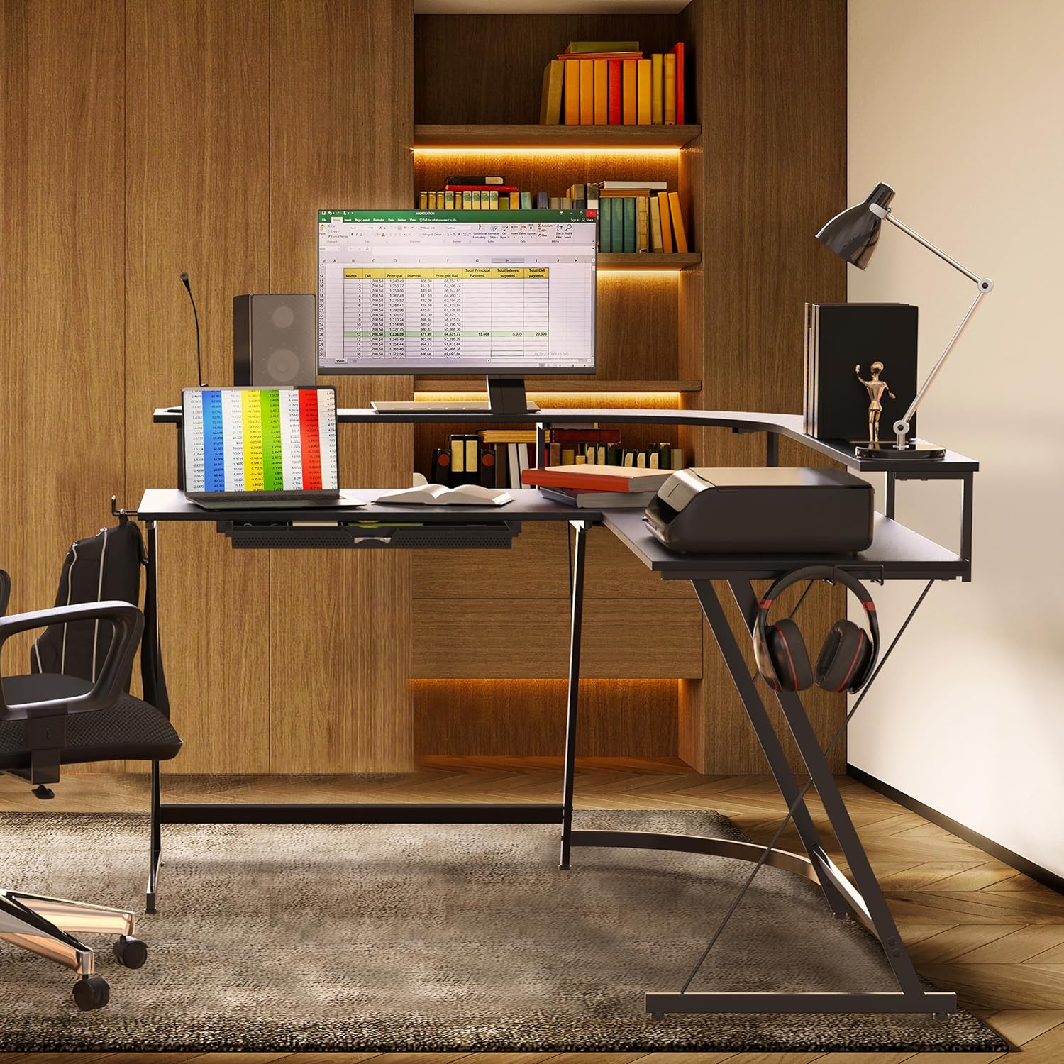 Simple Houseware L-Shaped Gaming Desk with Full Around Monitor Stand and Drawer, Black