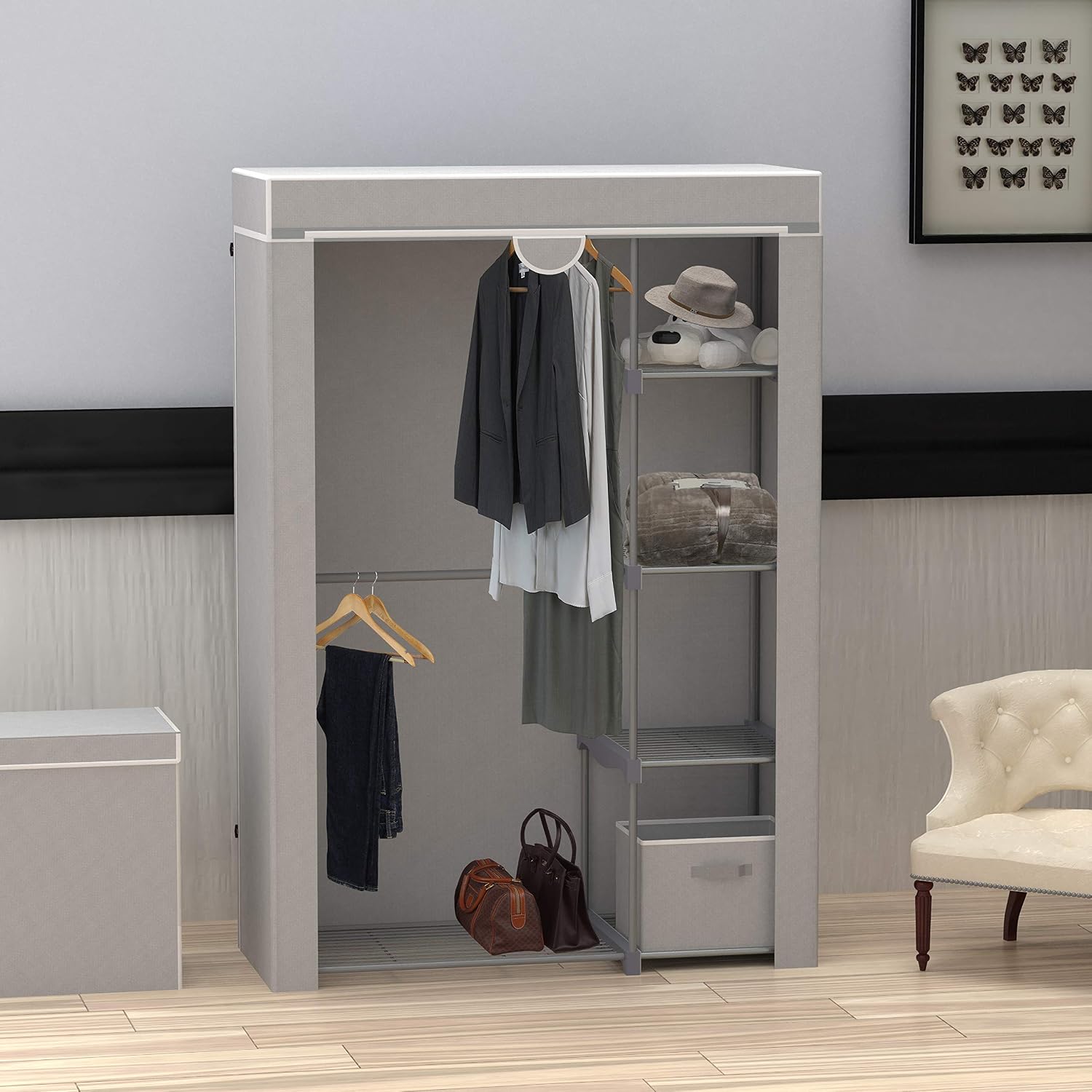 Simple Houseware Freestanding Cloths Garment Organizer Closet with Cover, Grey