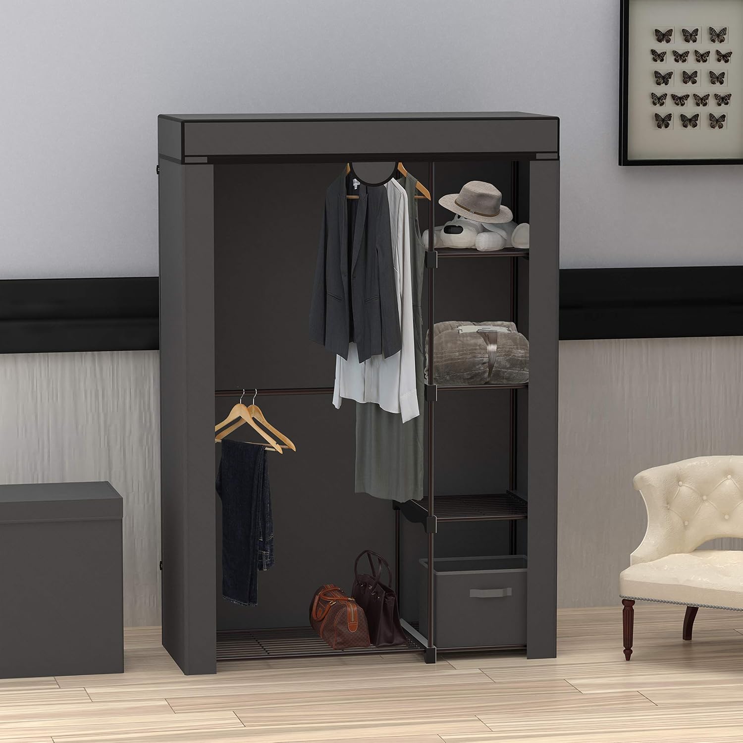 Simple Houseware Freestanding Clothes Organizer with Cover, Bronze/Dark Grey