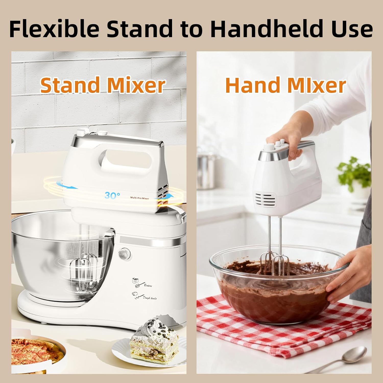 4.8QT 2-in-1 Stand Mixer, Electric Kitchen Mixer with Auto-Rotating Bowl & Tilt-Head, 5-Speed 250W Turbo Baking Machine for Beginners with Beater & Dough Hook for Cookie, Bread, Cake (White)