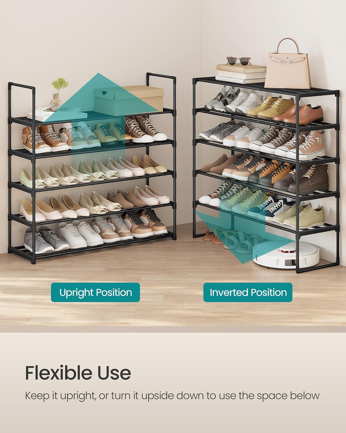 SONGMICS Shoe Rack, 5-Tier Shoe Organizer, Metal Storage Shelf, Upright or Upside Down, for 20-25 Pairs, Stackable, for Entryway, 11.8 x 36.2 x 35.4 Inches, Black