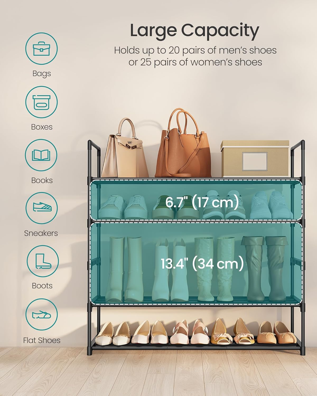 SONGMICS Shoe Rack, 5-Tier Shoe Organizer, Metal Storage Shelf, Upright or Upside Down, for 20-25 Pairs, Stackable, for Entryway, 11.8 x 36.2 x 35.4 Inches, Black