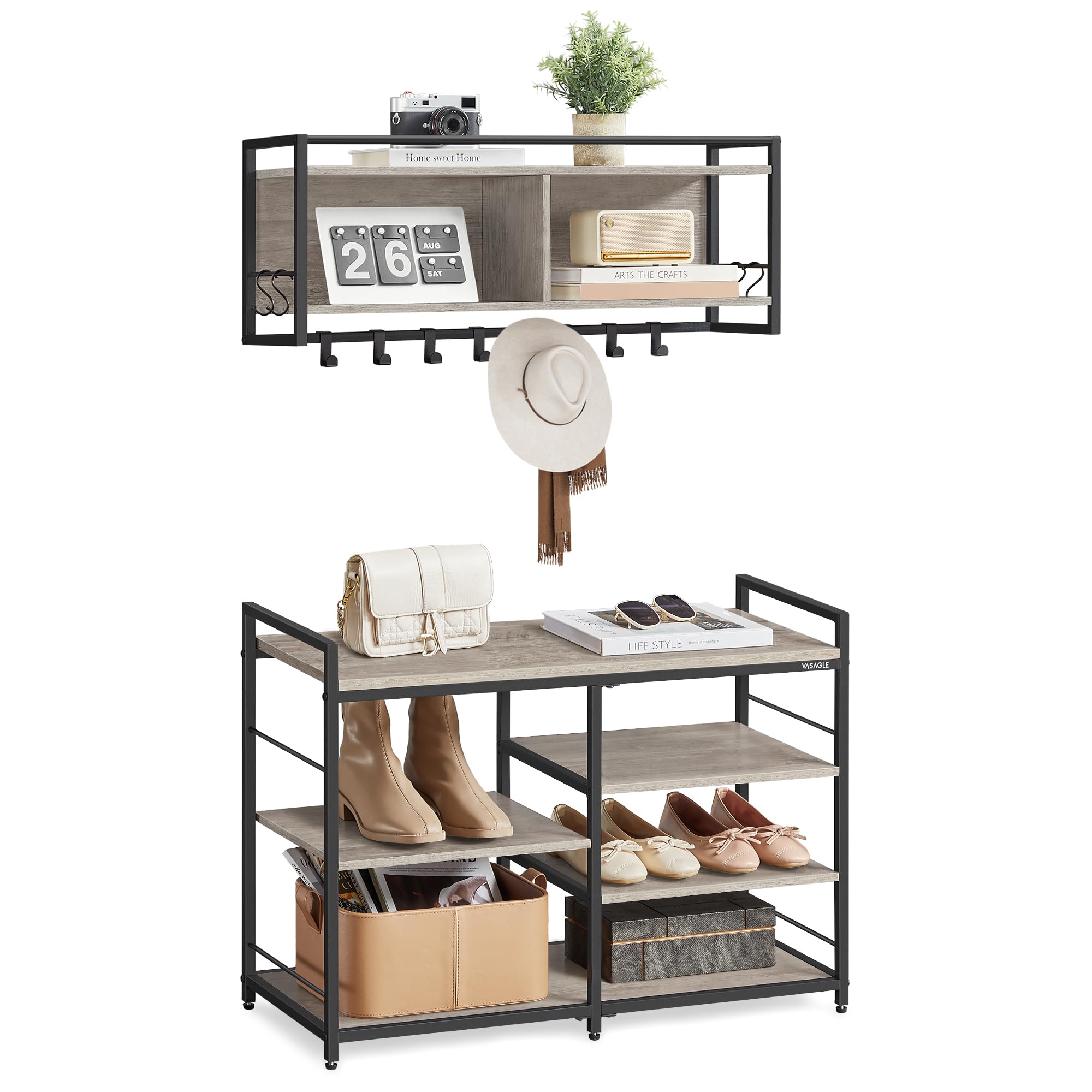 VASAGLE Hall Tree with Shoe Bench, Coat Rack Shoe Bench Set, Entryway Furniture, Multifunctional, 12 Metal Hooks, 4-Tier Shoe Rack, for Entryway, Bedroom, Heather Gray, 31.5"W x 22.2"H