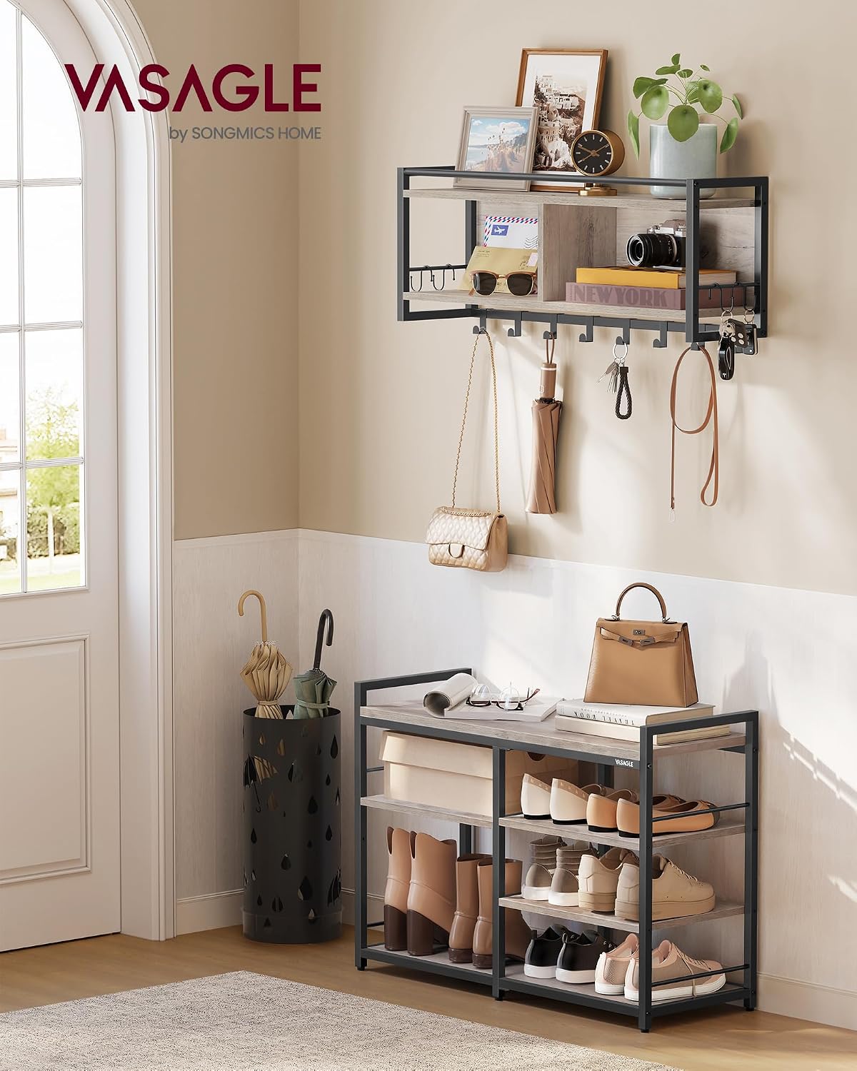 VASAGLE Hall Tree with Shoe Bench, Coat Rack Shoe Bench Set, Entryway Furniture, Multifunctional, 12 Metal Hooks, 4-Tier Shoe Rack, for Entryway, Bedroom, Heather Gray, 31.5"W x 22.2"H