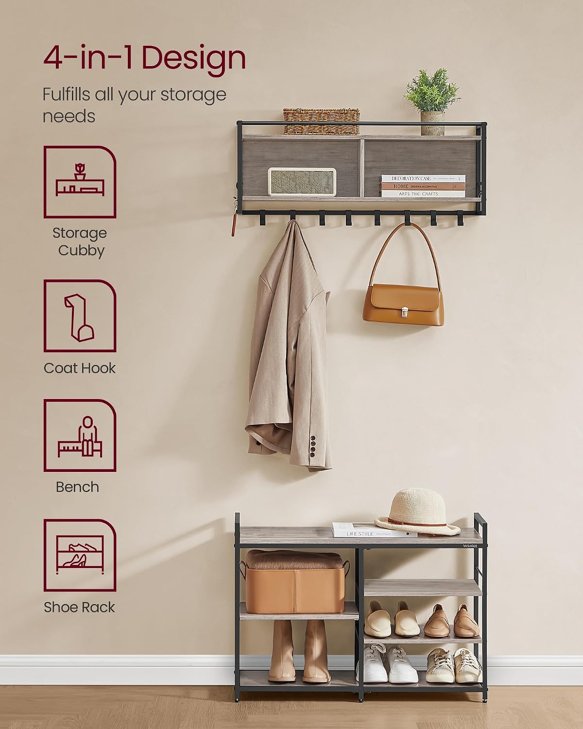 VASAGLE Hall Tree with Shoe Bench, Coat Rack Shoe Bench Set, Entryway Furniture, Multifunctional, 12 Metal Hooks, 4-Tier Shoe Rack, for Entryway, Bedroom, Heather Gray, 31.5"W x 22.2"H
