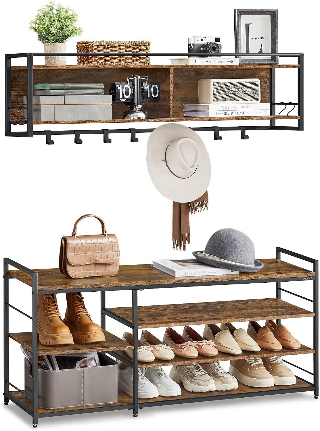 VASAGLE Hall Tree with Shoe Bench, Coat Rack Shoe Bench Set, Entryway Furniture, Multifunctional, 12 Metal Hooks, 4-Tier Shoe Rack, for Entryway, Bedroom, Rustic Brown