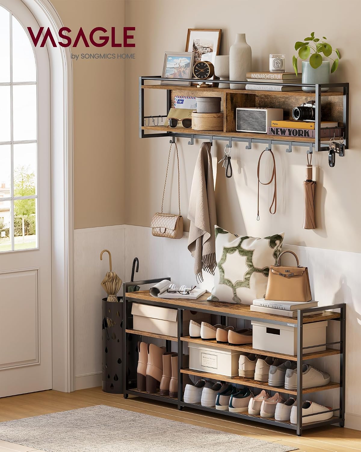 VASAGLE Hall Tree with Shoe Bench, Coat Rack Shoe Bench Set, Entryway Furniture, Multifunctional, 12 Metal Hooks, 4-Tier Shoe Rack, for Entryway, Bedroom, Rustic Brown