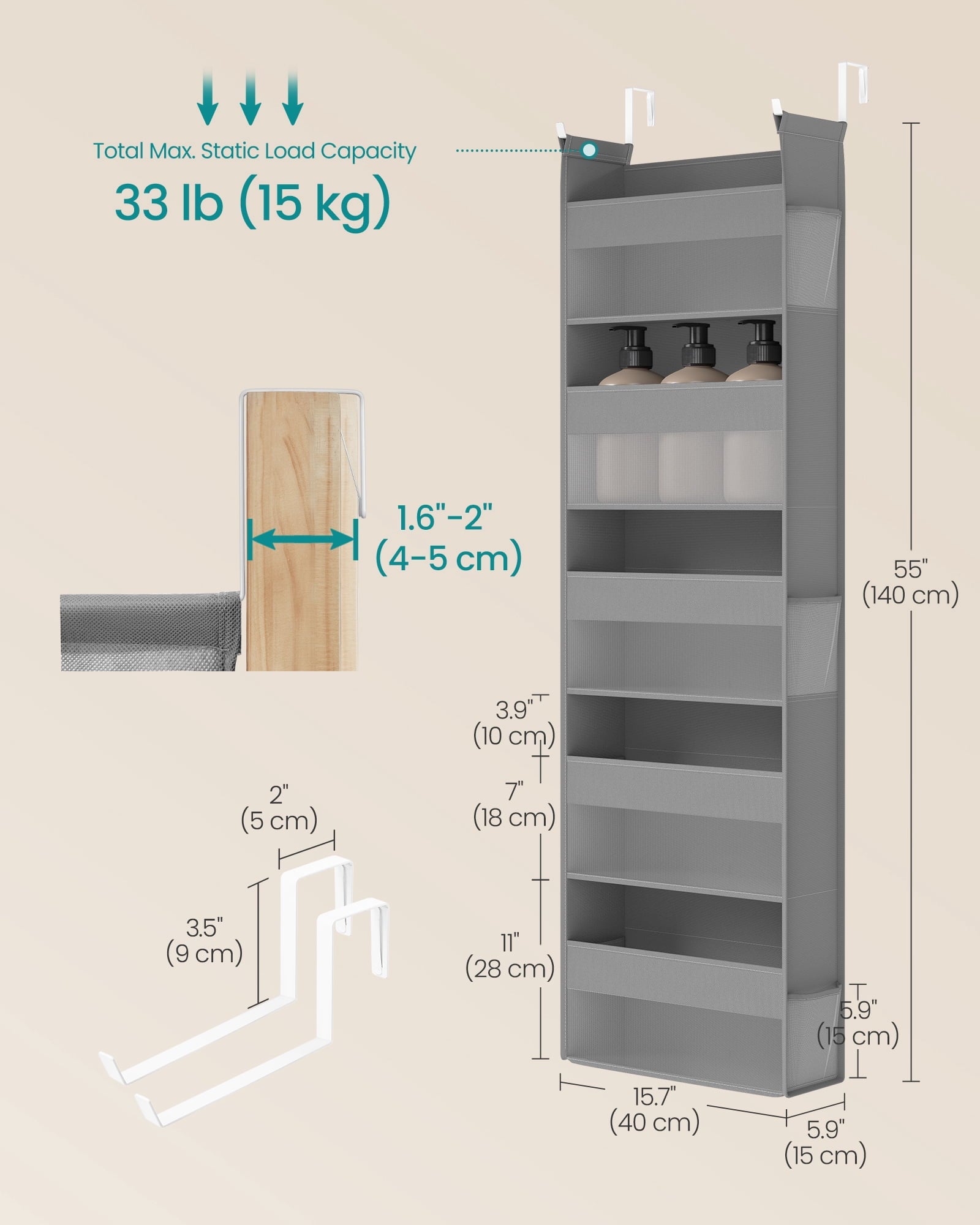 SONGMICS Over the Door Organizers, Set of 2, with 5 Large Pockets, 5-Tier Fabric Storage, Transparent Nylon Mesh, Hooks, Side Pouches, Dove Gray