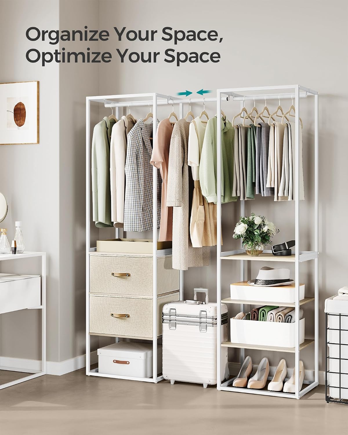 SONGMICS Clothes Rack, 70.9 Inch Wardrobe Freestanding Closet, Heavy Duty Garment Rack with 1 Extendable Hanging Rod, 2 Drawers and 4 Shelves, for Bedroom, Space-Saving, Natural Beige