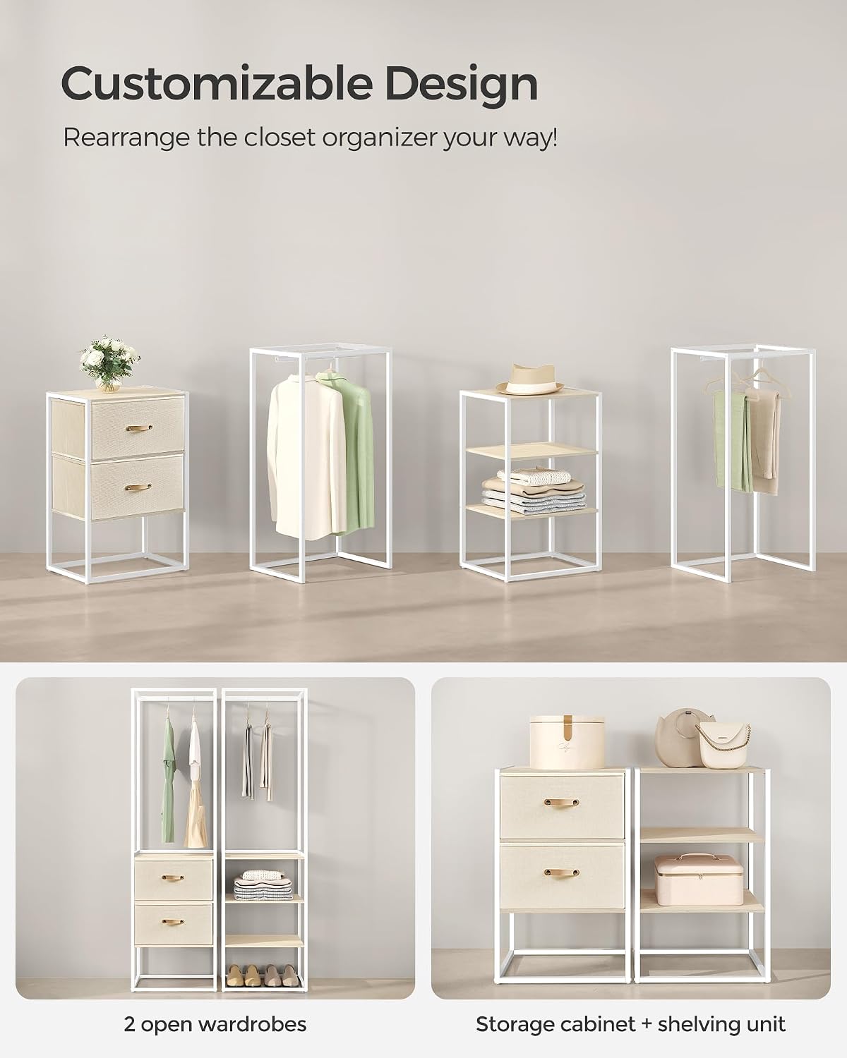 SONGMICS Clothes Rack, 70.9 Inch Wardrobe Freestanding Closet, Heavy Duty Garment Rack with 1 Extendable Hanging Rod, 2 Drawers and 4 Shelves, for Bedroom, Space-Saving, Natural Beige