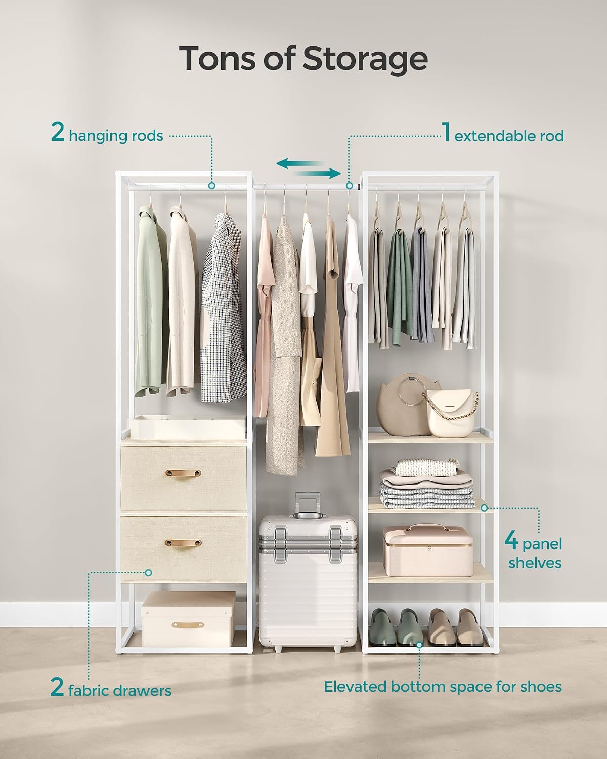 SONGMICS Clothes Rack, 70.9 Inch Wardrobe Freestanding Closet, Heavy Duty Garment Rack with 1 Extendable Hanging Rod, 2 Drawers and 4 Shelves, for Bedroom, Space-Saving, Natural Beige
