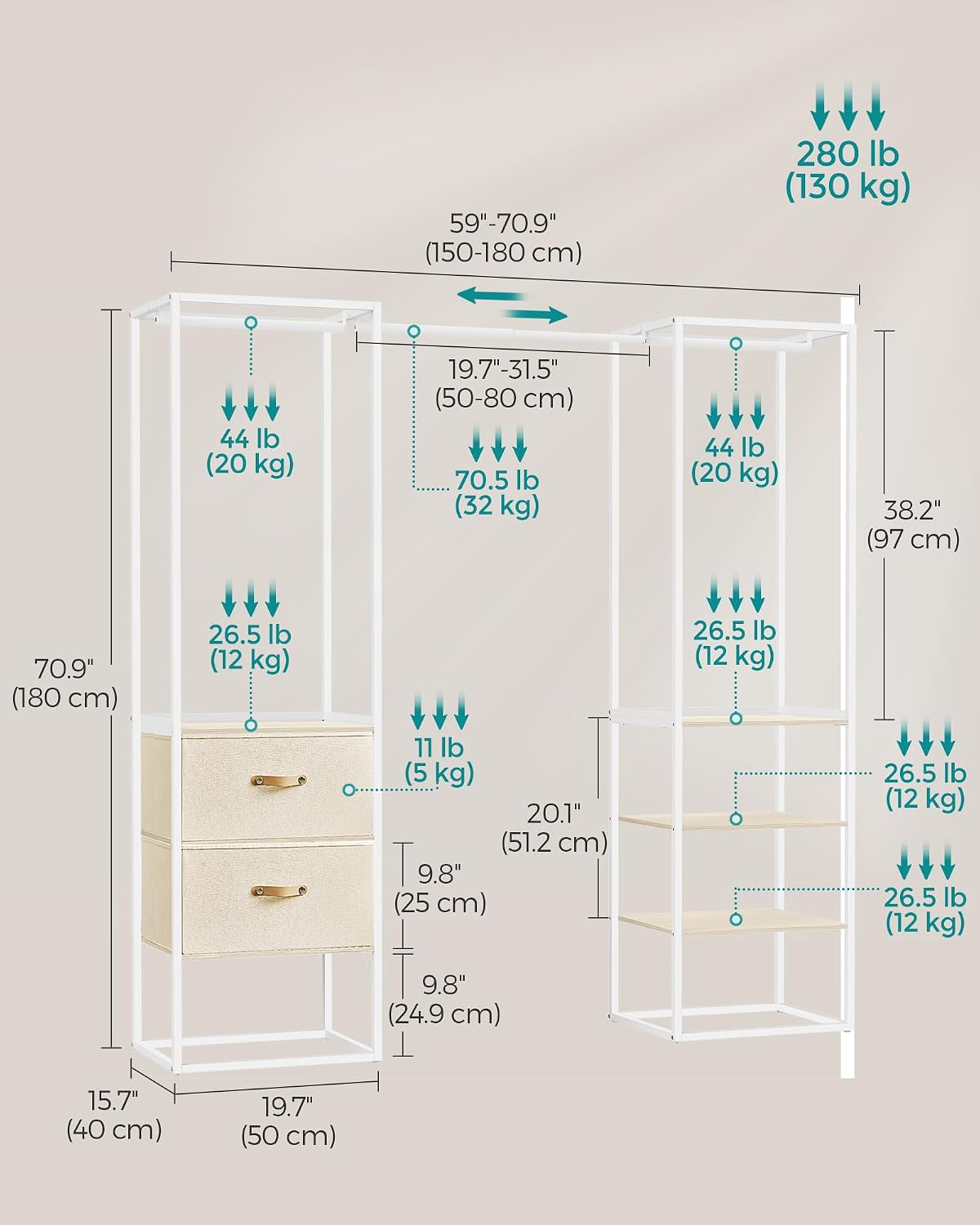 SONGMICS Clothes Rack, 70.9 Inch Wardrobe Freestanding Closet, Heavy Duty Garment Rack with 1 Extendable Hanging Rod, 2 Drawers and 4 Shelves, for Bedroom, Space-Saving, Natural Beige